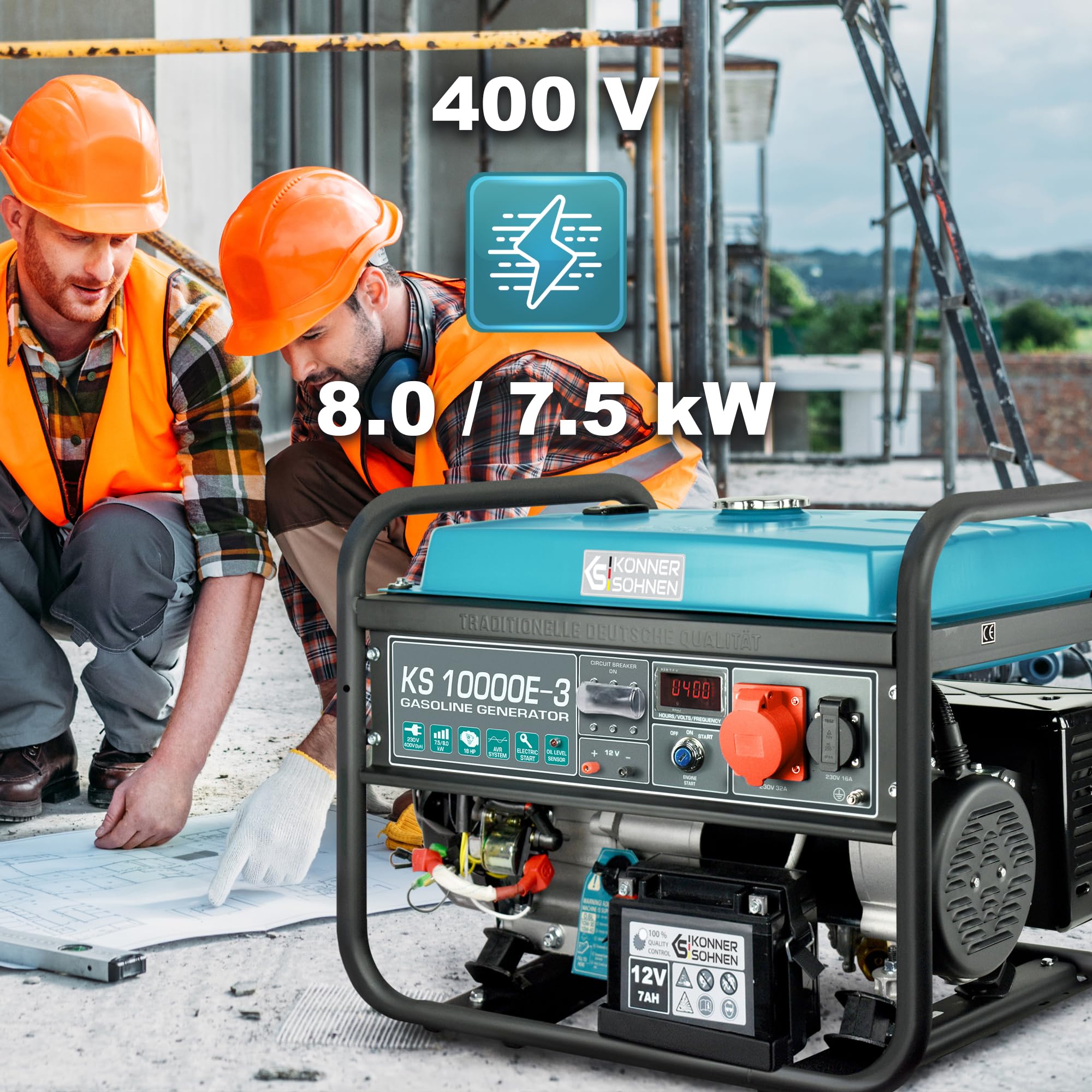 Könner & Söhnen KS 10000E-3 Stromerzeuger, 18 PS 4-Takt Benzinmotor, E-Start, Automatischer Spannungsregler, Anzeige, 1x16A (400V), 1x16A (230V) Generator…