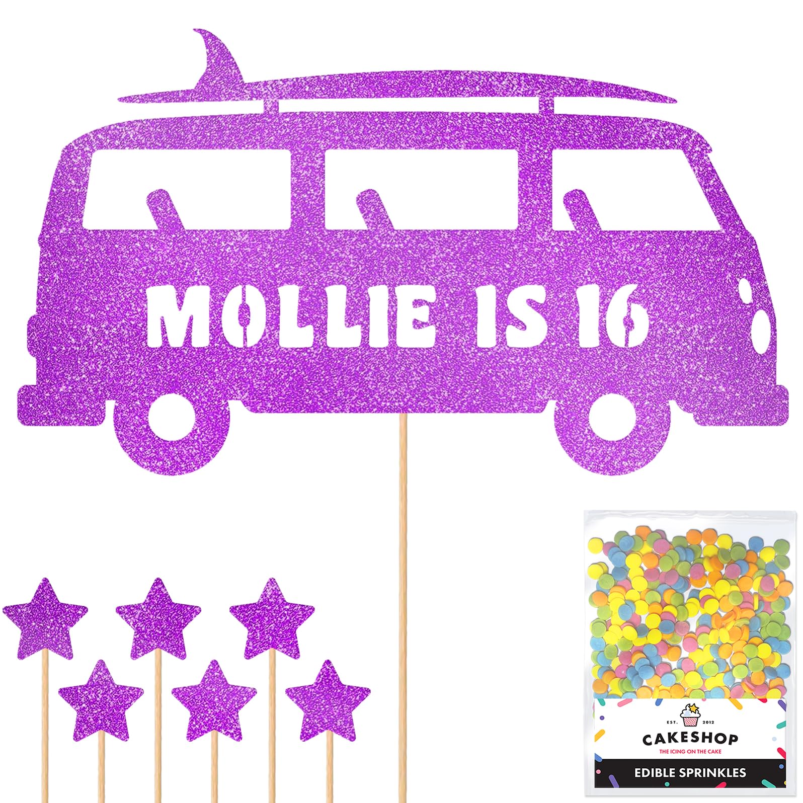 Personalised 60's Camper Surfer Surf Glitter Cake Topper- Purple Any Custom Age & Name Glitter Cake Decoration and Sprinkles - Happy Birthday Decorations - Personalised Toppers for Cakes by Cakeshop — image 1