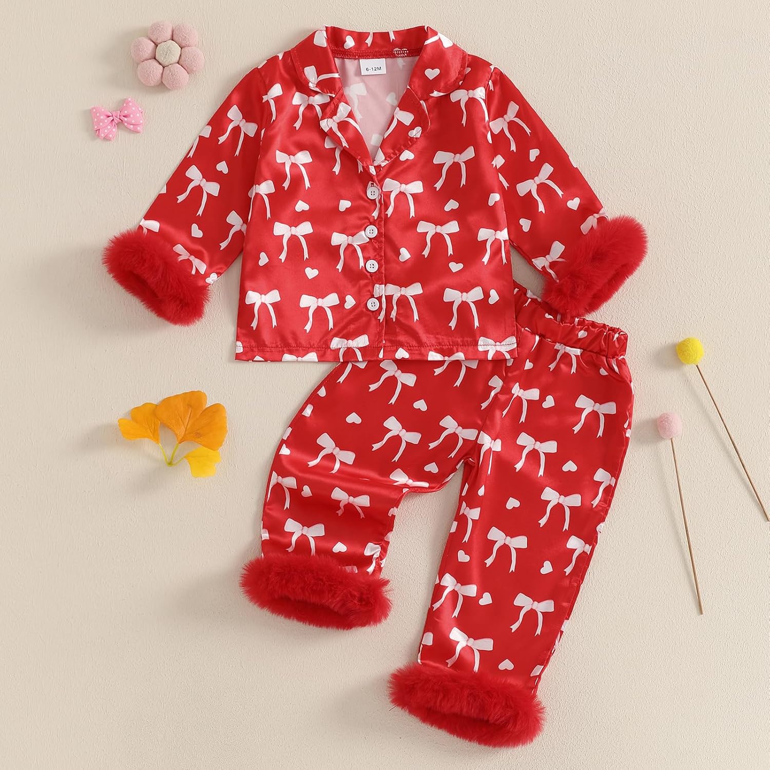 Baby Girls Satin Pajama Set Cute Long Sleeve Lapel Button Up Heart Print Shirt Long Pants Toddler Sleepwear - Image 3