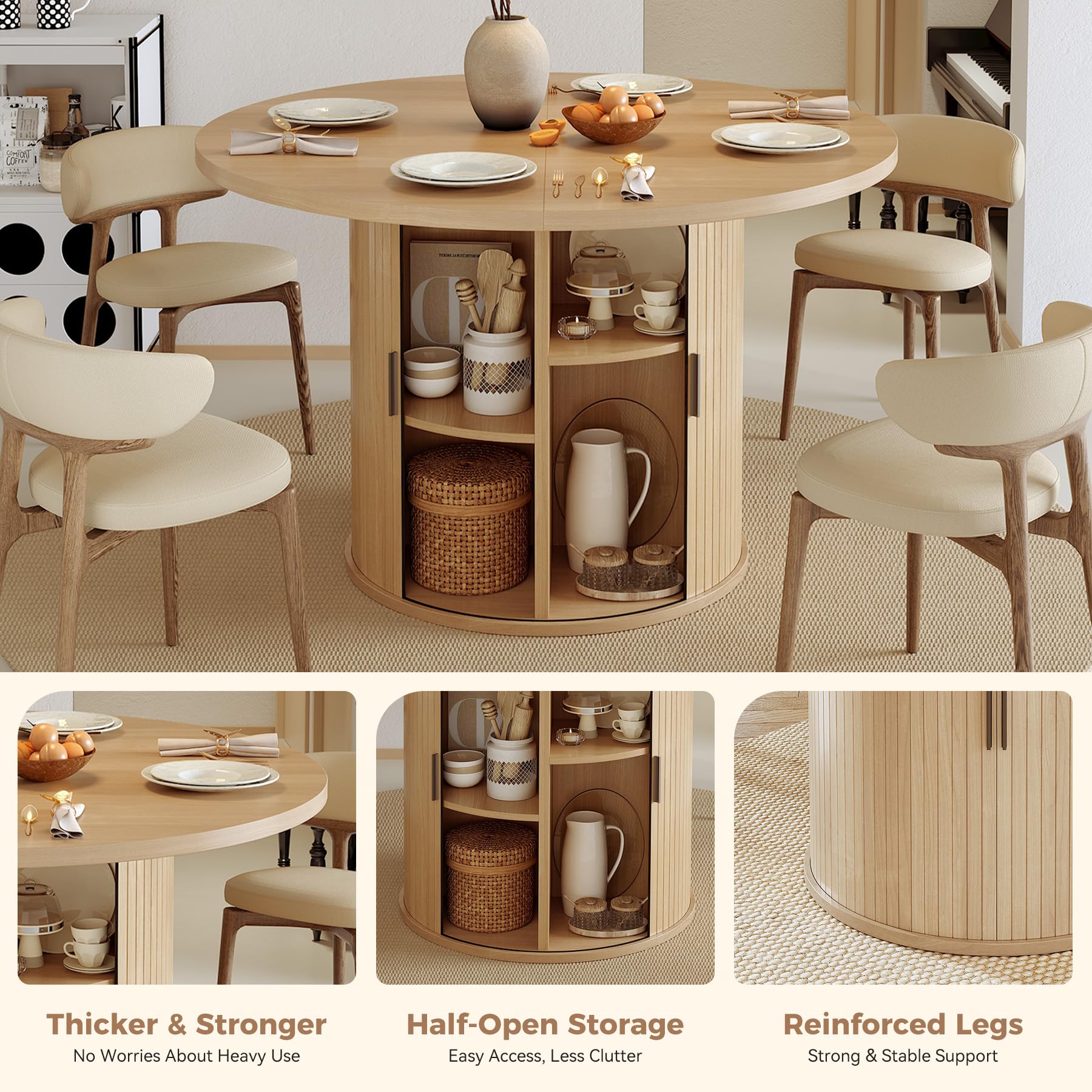 Hawthyhome Runder Esstisch 120cm mit Stauraum, Moderner Küchentisch mit Schiebetür & Lamellen-Optik, Esszimmertisch 4-teilige Holz Tischplatte, Rundtisch für Wohnzimmer, Küche, 2-6 Personen[Holzfarb]
