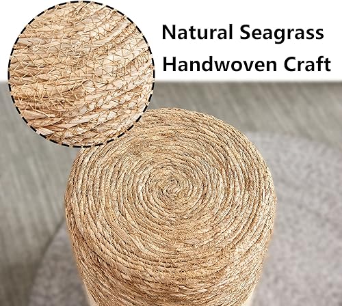 Miniatura 6 de Wimarsbon Taburete Natural de Sereno Marino, Otomana Redonda Tejida a Mano, para Sala de Estar, Asiento para Exterior (Natural y Azul) Espadaña