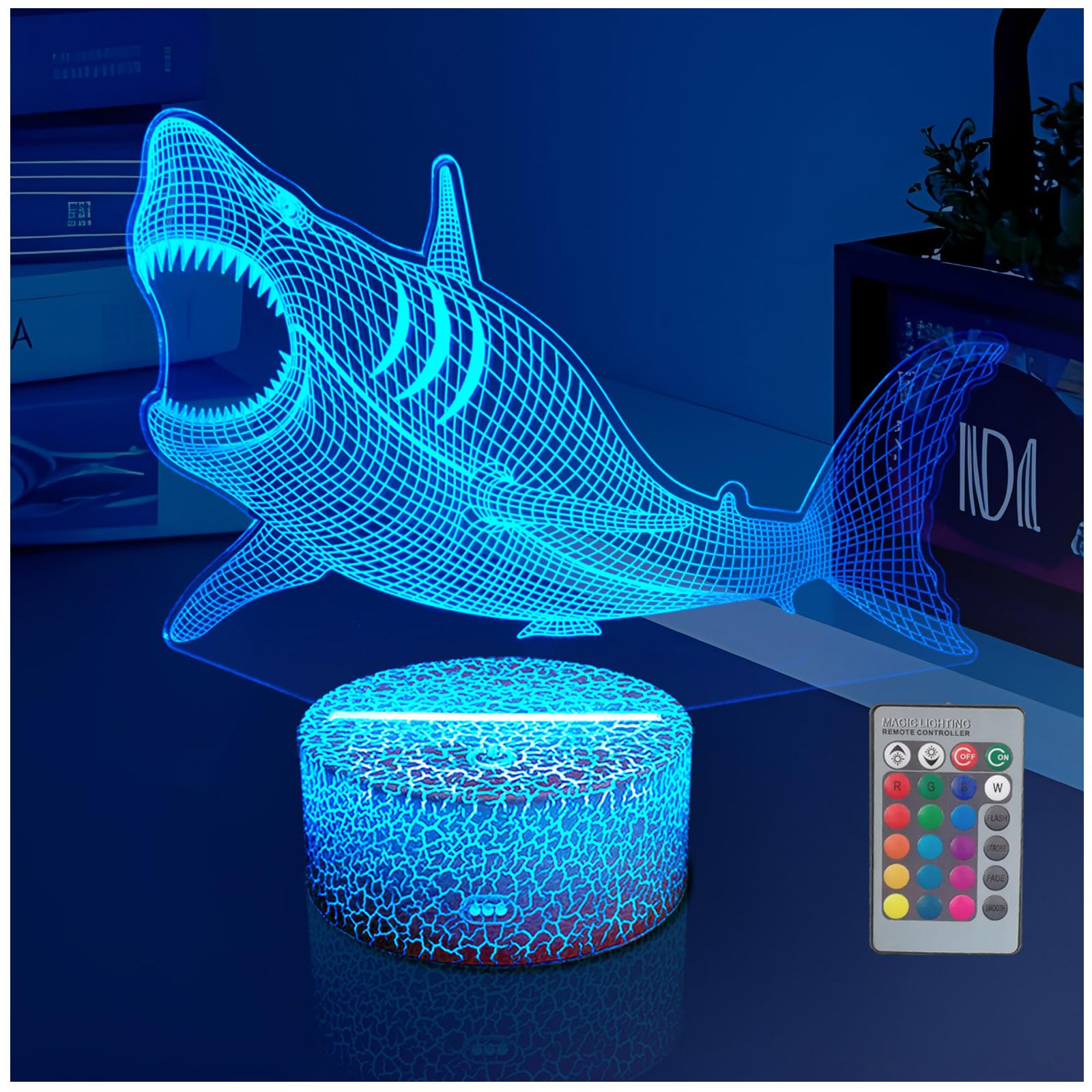 Megalodon Night Light, Nursery Night Lamp for Kids, 16 Color Changing with Dimmable Remote Control, Toy Shark Gifts for Girls Boys Teen Kids Family, Bedroom Shark Theme Decortive