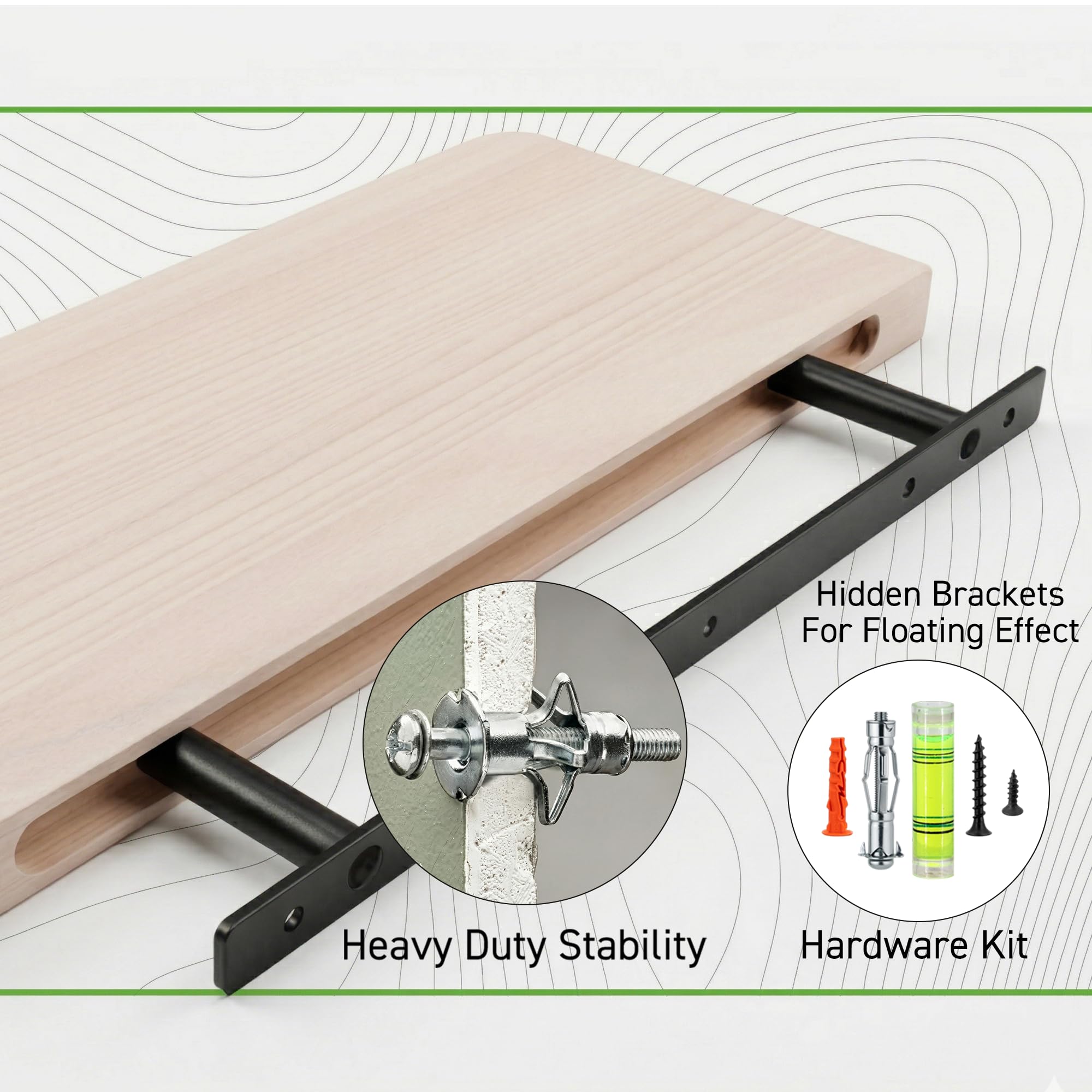 Aura | Estantería Pared de Madera Maciza | Baldas Flotantes Con Veta Vista y Bordes Redondeados | Incluye Tacos Especiales Pladur y Ladrillo | Repisas y Estantes para Baño (Blanco, 58, 2)
