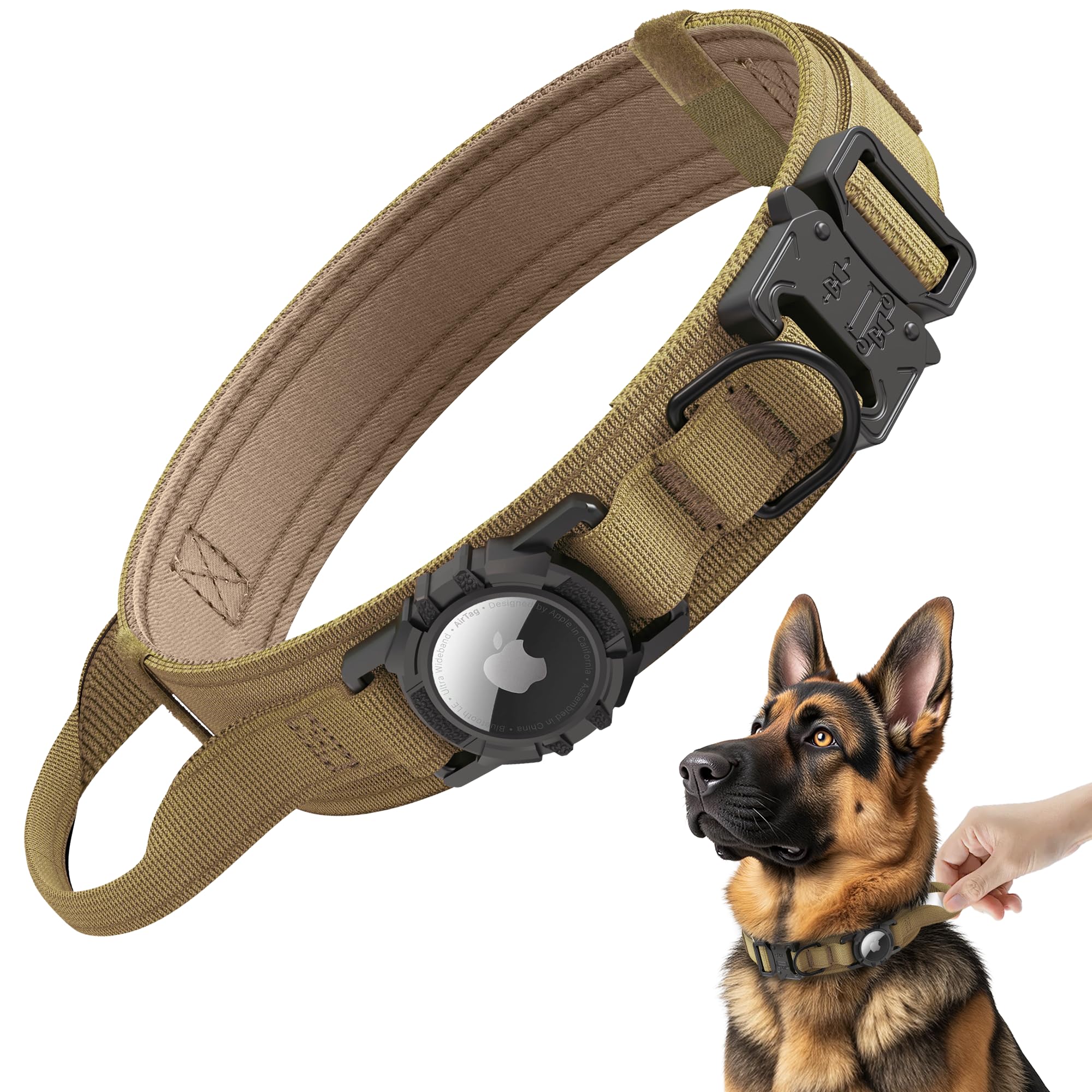 Tactical AirTag Dog Collar, Heavy Duty Dog Collar, Adjustable GPS Dog Collar Compatible with Apple AirTag, Dog Collar with AirTag Holder and Control Handle for Medium Large Dogs [ Brown, M ]