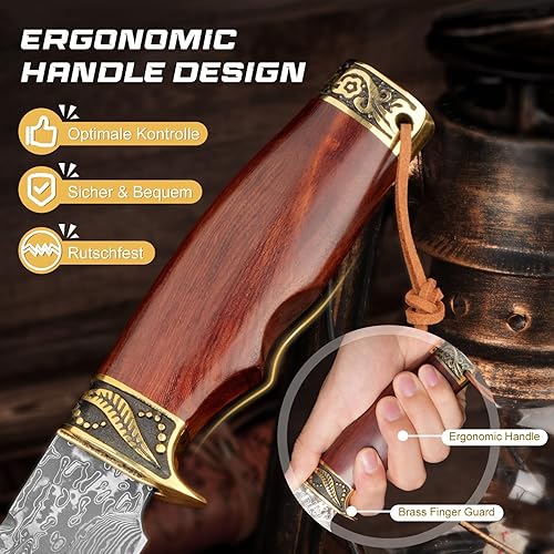 Miniatura 3 de Cuchillo de caza de Damasco YU-LN-DAMAS, 10.63 pulgadas, hecho a mano, VG10, 67 capas, cuchillo de hoja fija de Damasco con funda de cuero real,