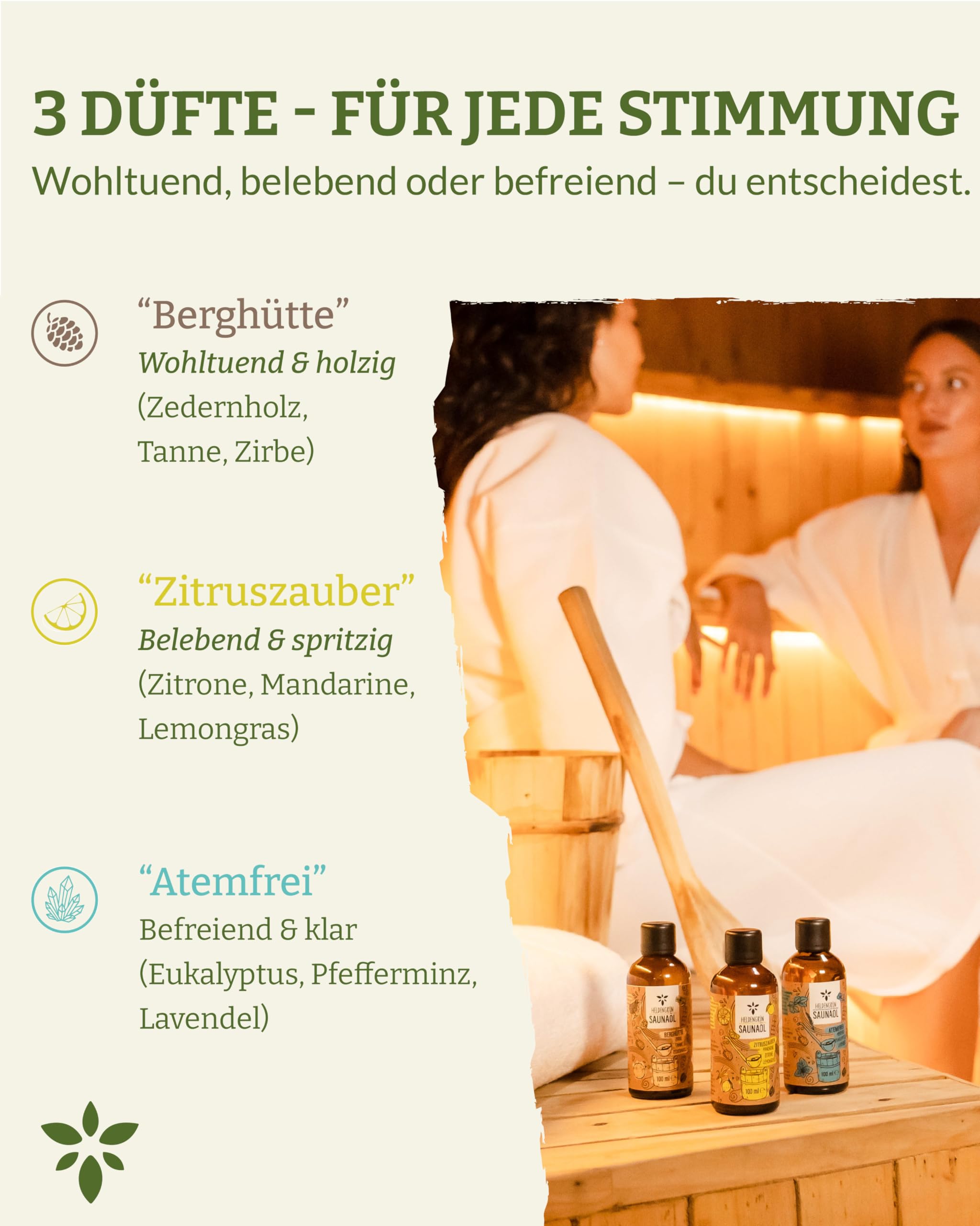 Heldengrün BIO Saunaaufguss Set 3er Duftmix mit ätherischen Bio-Ölen 60 Anwendungen Sauna Konzentrat