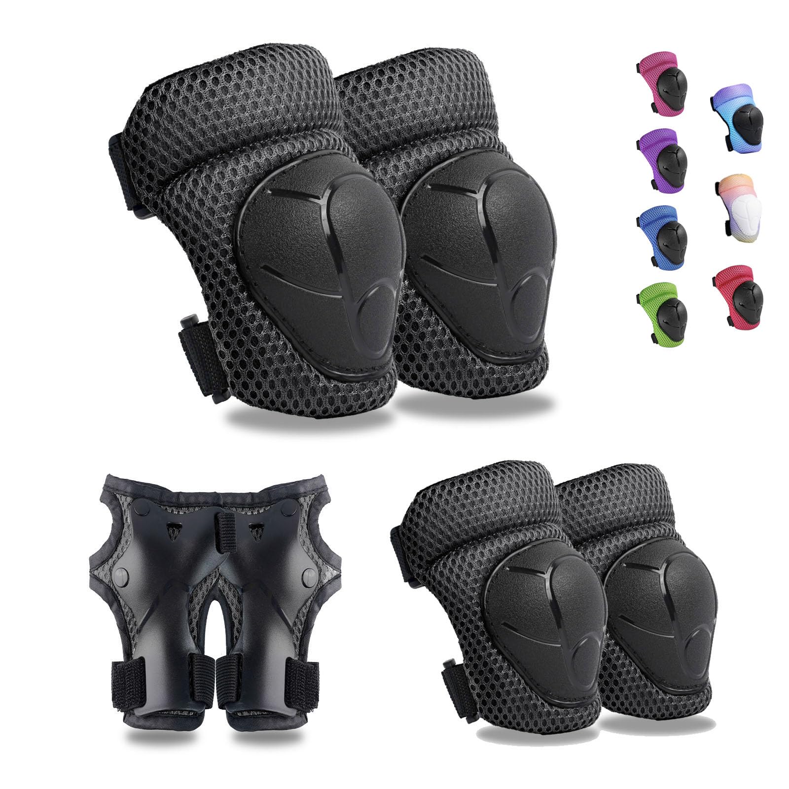 GEQID Kids Knee Pads Elbow Pads Wrist Guards Set ,Protective Gear for 4-6-12 Boys Girls Roller Skating Scooter Skateboarding Bike (Black, Free Size (4-12 Years or 40-80lbs))