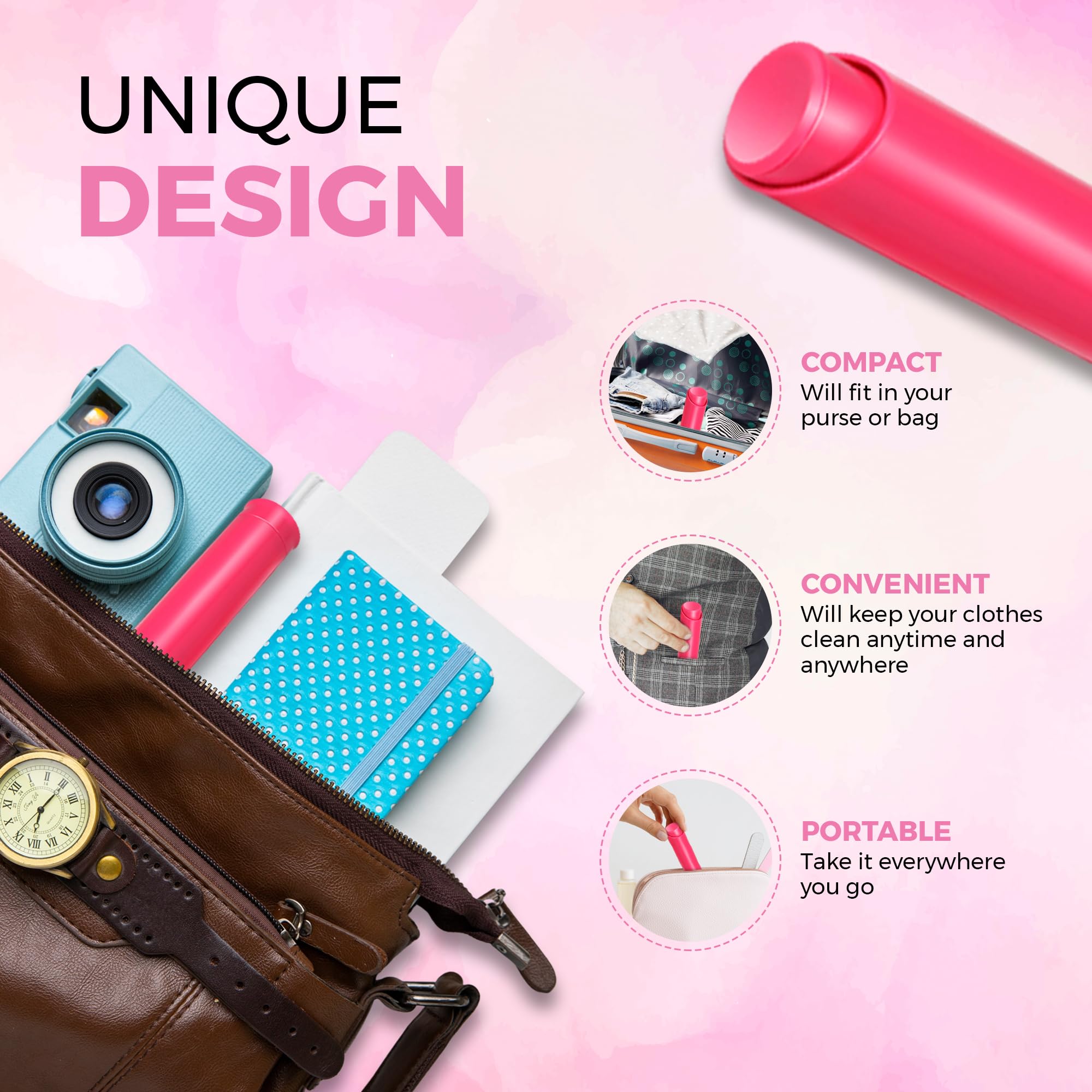 Rodillo de pelusa portátil para ropa: elimina el pelo de mascotas, perros y gatos, reutilizable, compacto, fácil de usar. Cabe en cualquier bolsa para uso diario o viajes. 100 hojas (rosa)