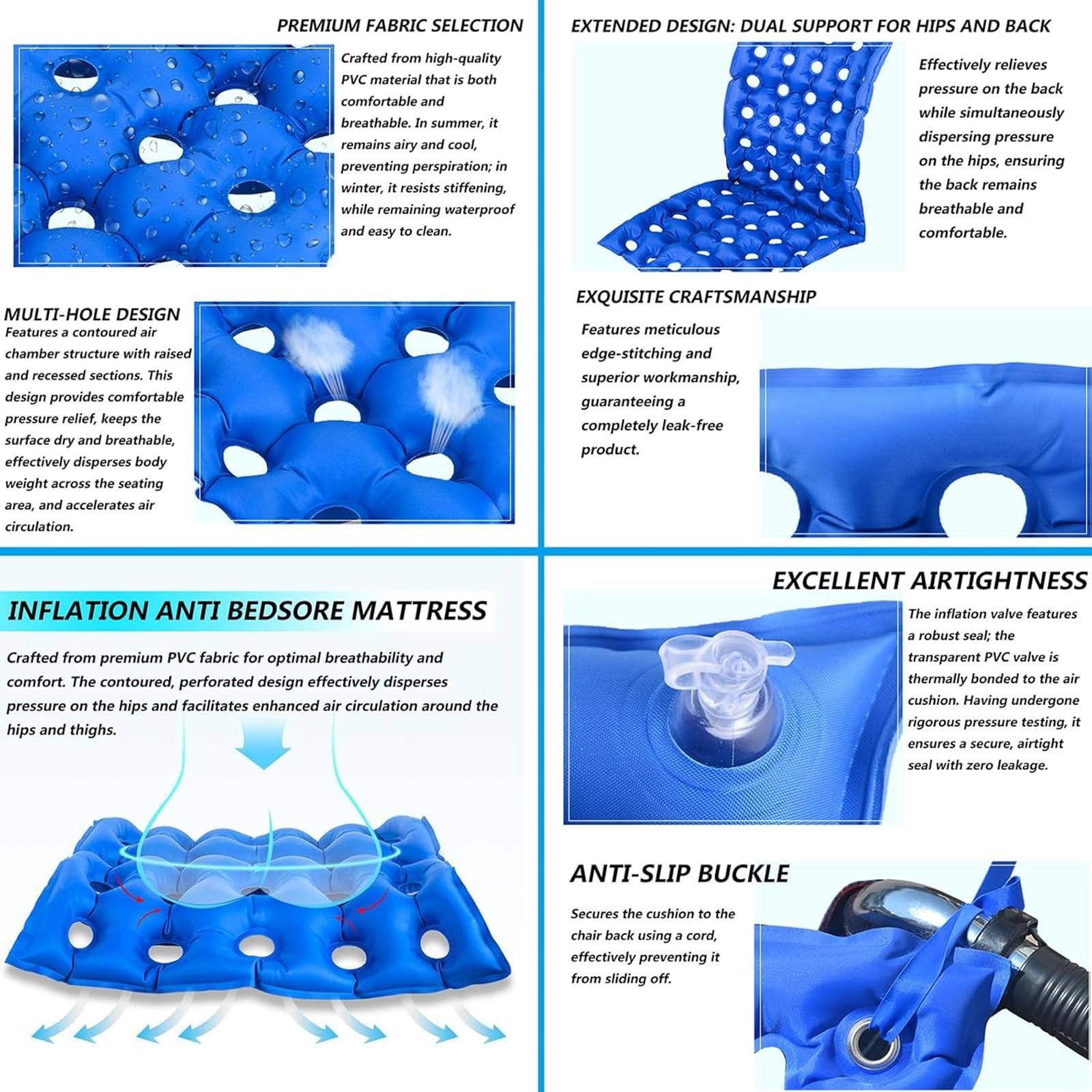 Genérico Cojín Inflable para Asiento, Cojín Antiescaras para Silla de Ruedas, Respaldo Transpirable, Colchón de Presión Impermeable para Ancianos Discapacitados