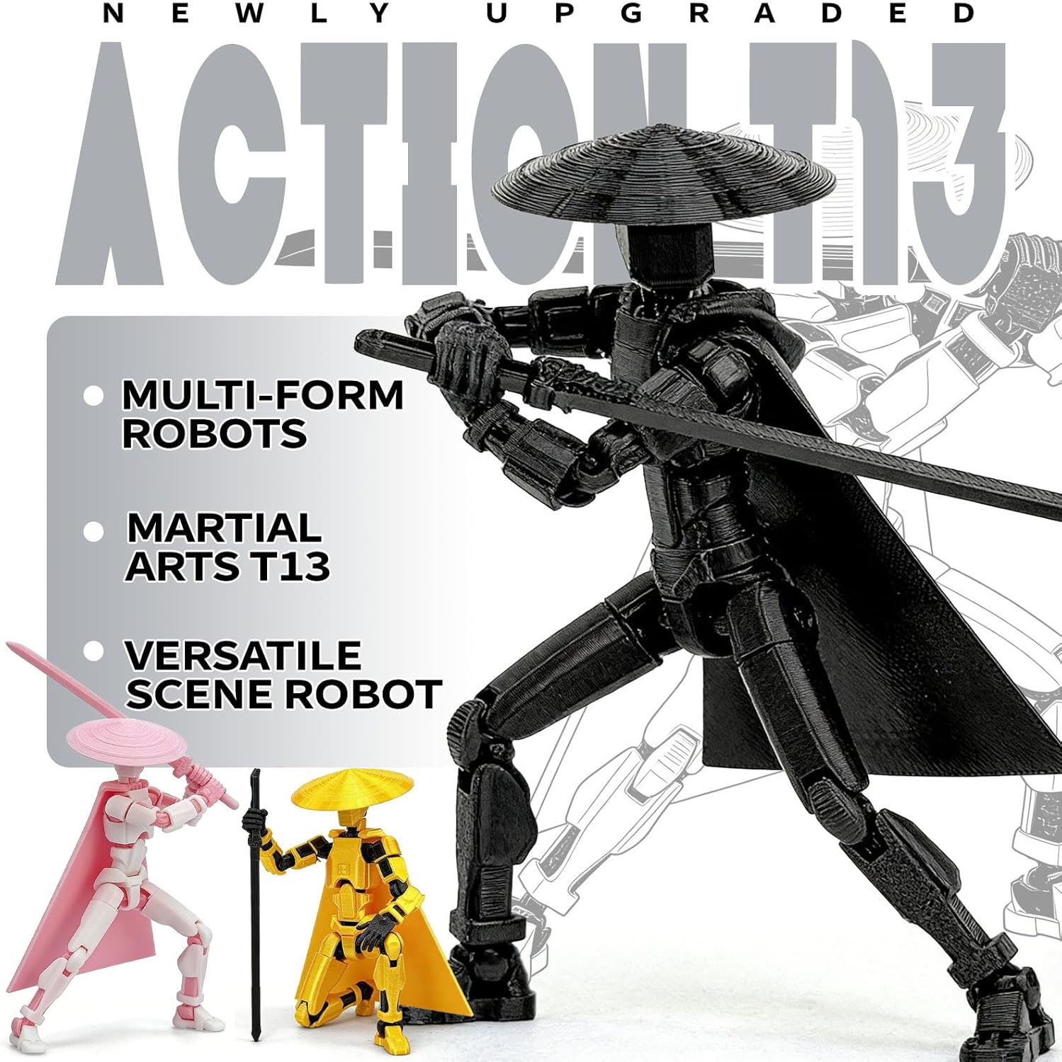 T13 Already Assembled Action Figure Accessories,T13 Multi-Jointed Movable 3D Printed Toys (Black)