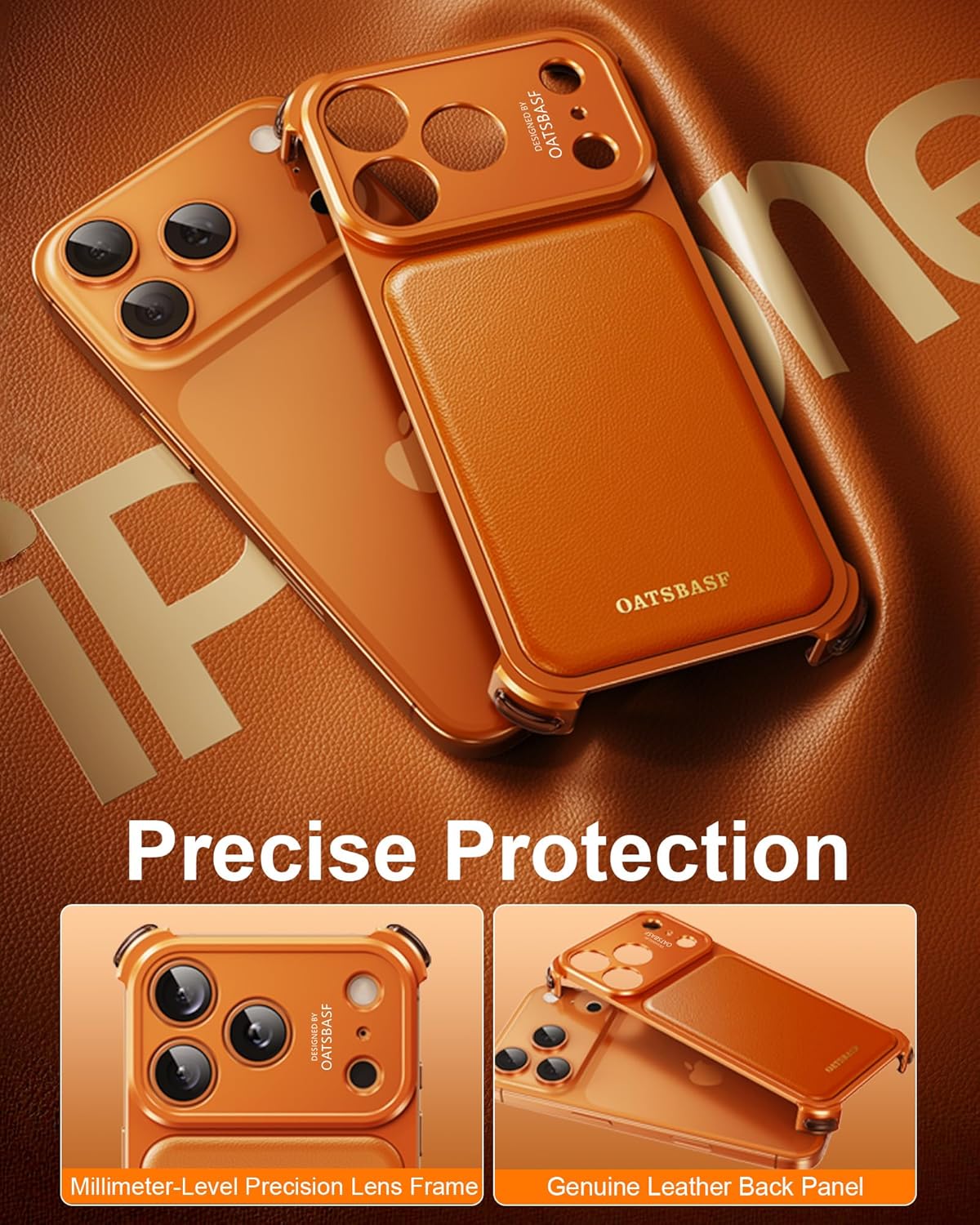 Frameless Bumper Case for iPhone 17 Pro Max, Compatible with MagSafe, Leather Metal Protective Cover with Camera Protection, Minimalist Military Shockproof Phone Accessory, Cosmic Orange
