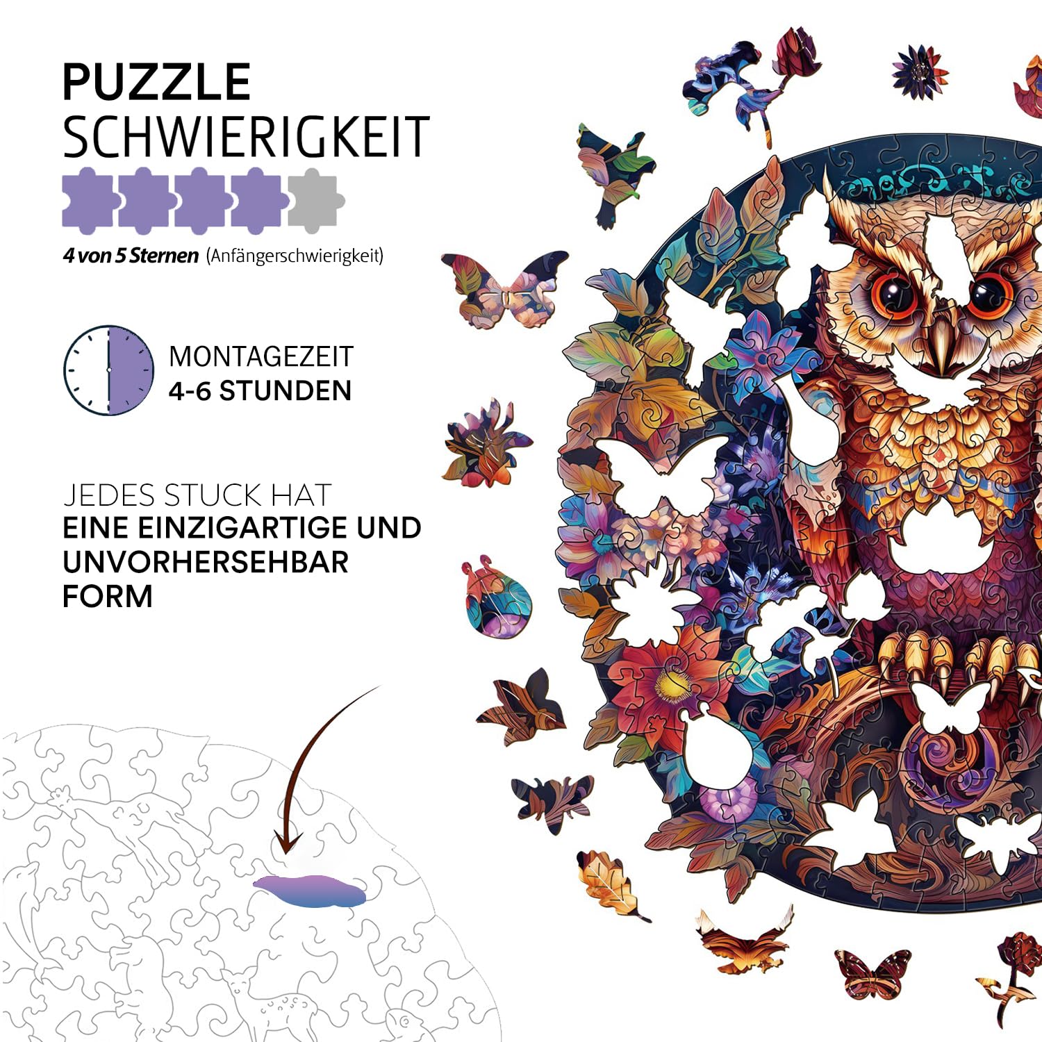 TWYYDP Puzzle 1000 Pezzi Adulti,Puzzle di Legno,Animale Gufo Bianco,Decorazione Murale per Soggiorno E Camera Da Letto