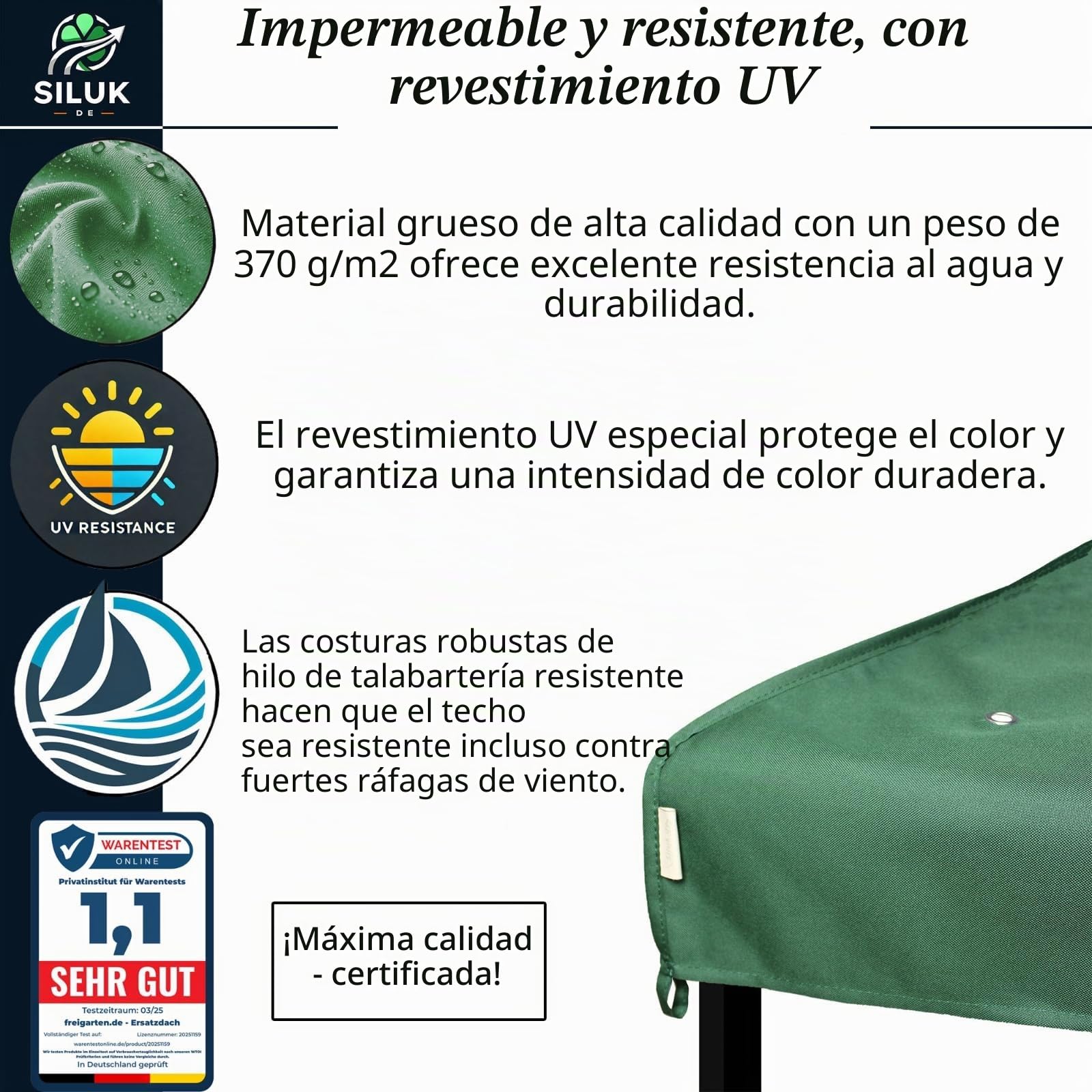 Techo de Repuesto para cenador de 3 x 3 m, Resistente al Agua. Material: PVC Suave de Panamá de 370 g/m², extrafuerte, Modelo 2 (Azul Marina) (Verde)