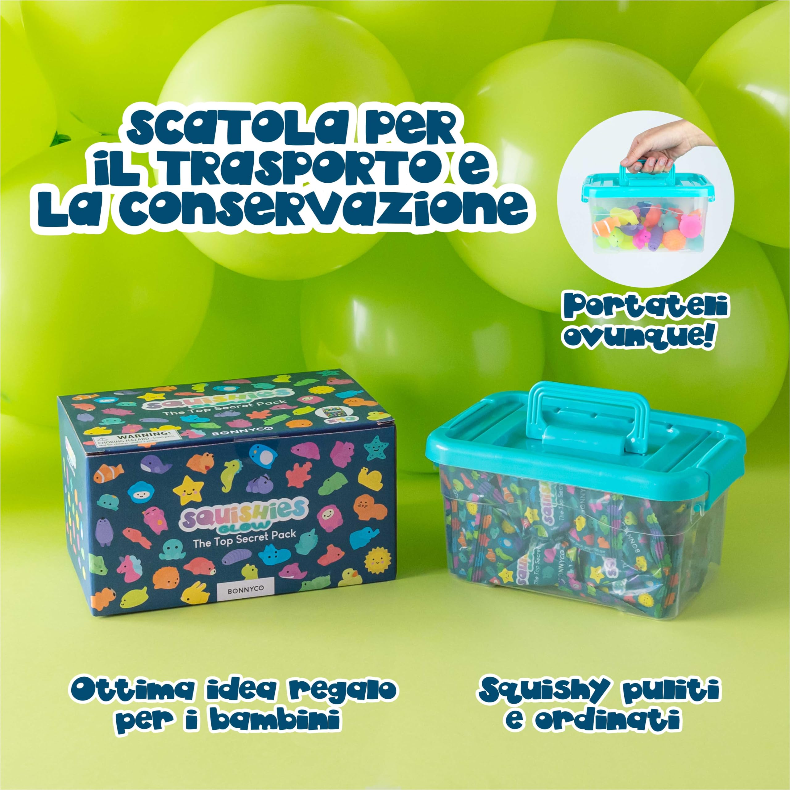 BONNYCO Squishy Piccoli Gadget Compleanno Bambini, Pack 40 Mini Giochi. Regalini Fine Festa Compleanno Bambini che si Illuminano al Buio, Regalino Fine Festa Dopo Invitati. Mochi Kawaii Gadget