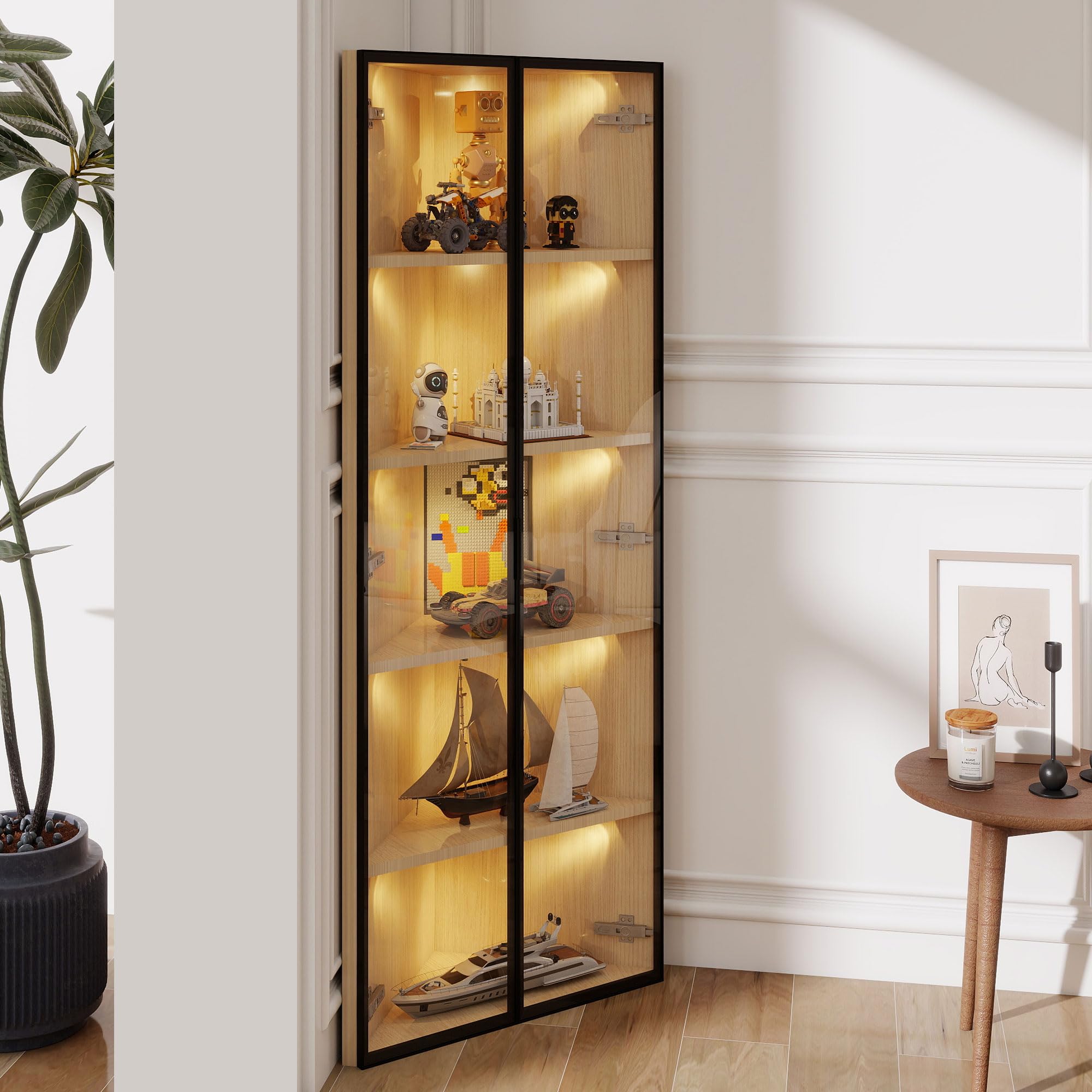 Soweiz Vitrina esquinera con puerta – Estantería para libros, armario de vino, armario de baño, vitrina de cristal LED, 62 x 35 x 160 cm, barra de luz integrada, armario de cristal templado a prueba