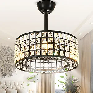 DWVO 18" Crystal Caged Ceiling Fans with Lights, Enclosed Modern Ceiling Fan with Remote Control Reversible Industrial Chandelier 3 Speeds, 3 Color Temperatures for Bedroom, Living Room, Dining Room