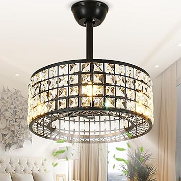 DWVO 18" Crystal Caged Ceiling Fans with Lights, Enclosed Modern Ceiling Fan with Remote Control Reversible Industrial Chandelier 3 Speeds, 3 Color Temperatures for Bedroom, Living Room, Dining Room