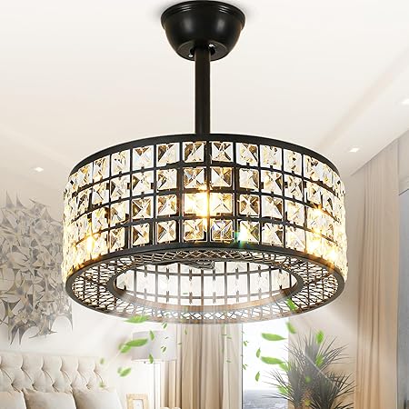 DWVO 18" Crystal Caged Ceiling Fans with Lights, Enclosed Modern Ceiling Fan with Remote Control Reversible Industrial Chandelier 3 Speeds, 3 Color Temperatures for Bedroom, Living Room, Dining Room