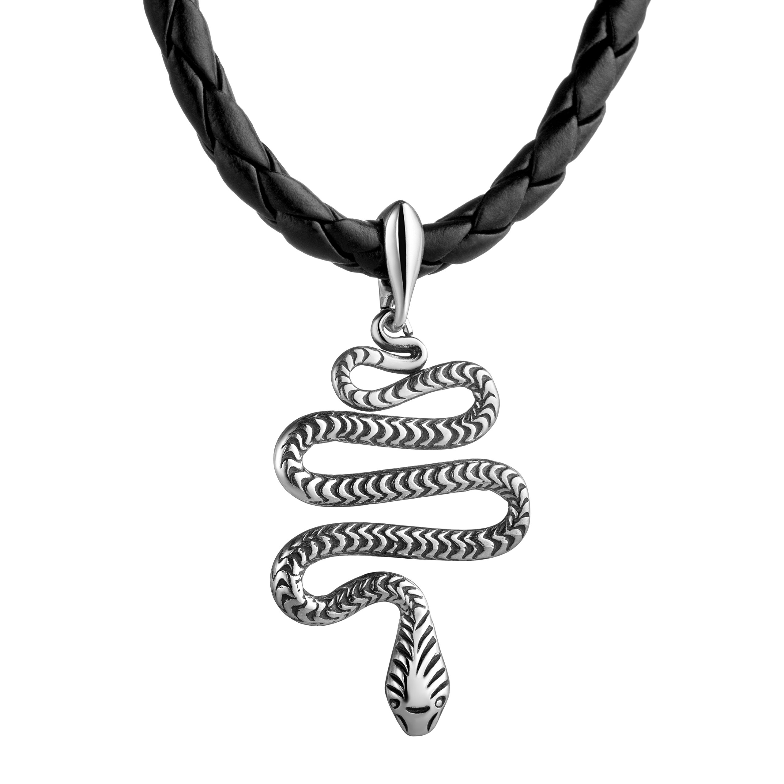 Collana In Pelle Intrecciata Da Uomo Con Pendente A Forma Di Serpente In Argento