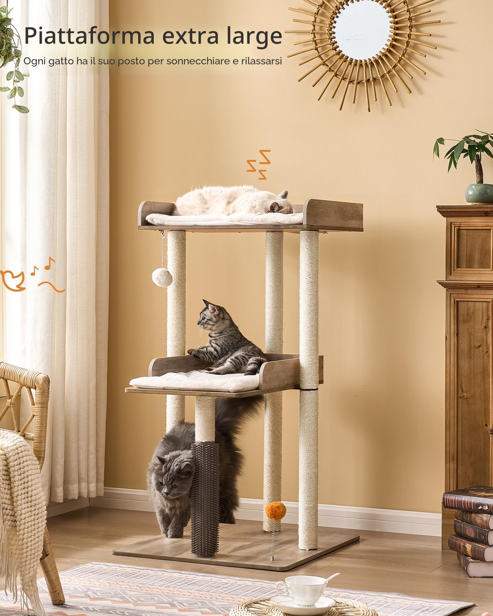 FourFurPets Albero per Gatti Alto 111 cm, Tiragraffi per Gatti,con 3 Pali Graffiatoi,2 Posatoi,Pompon,Greige