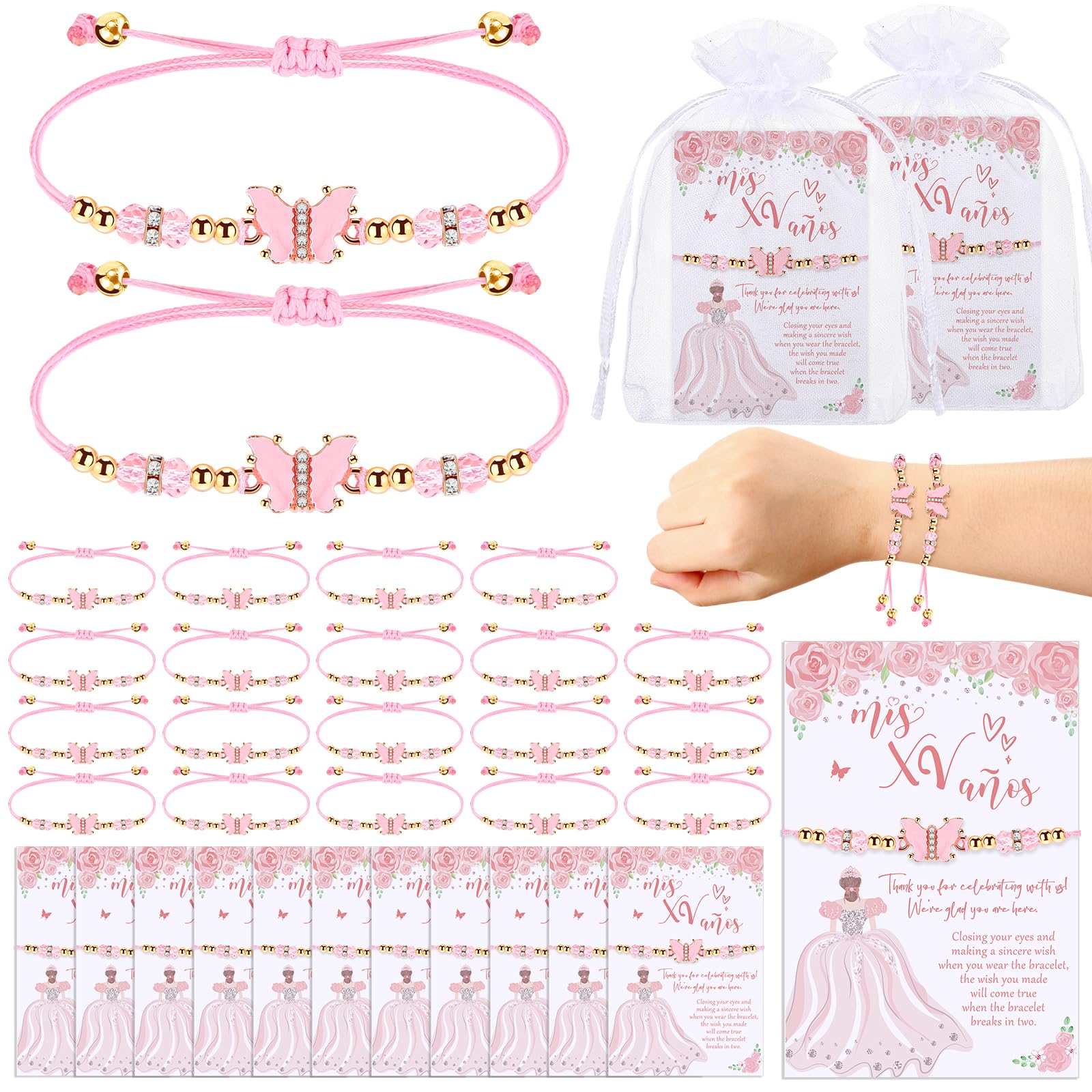 Wenqik 25 Sets Quinceañera Party Favors for Guests – Butterfly Wish Bracelet Set, Sweet 15 Birthday Keepsake Gifts for Girls