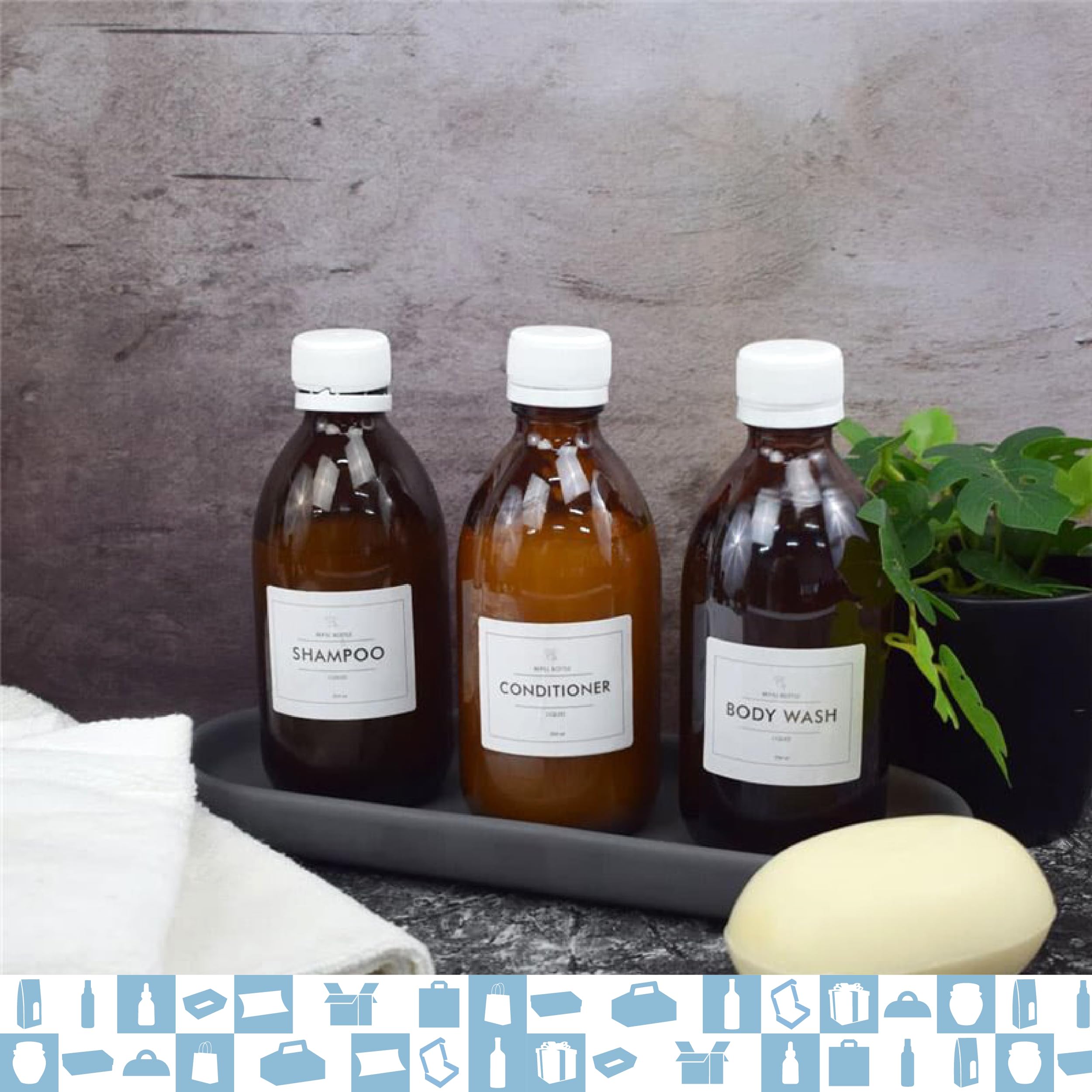 20 x Sprühflasche aus Glas, bernsteinfarben, 250 ml, mit Deckel für Zerstäuber + 20 personalisierte Etiketten – ätherische Öle, Kosmetik, Parfüm, Haarspray – Hautpflege und Haarpflege