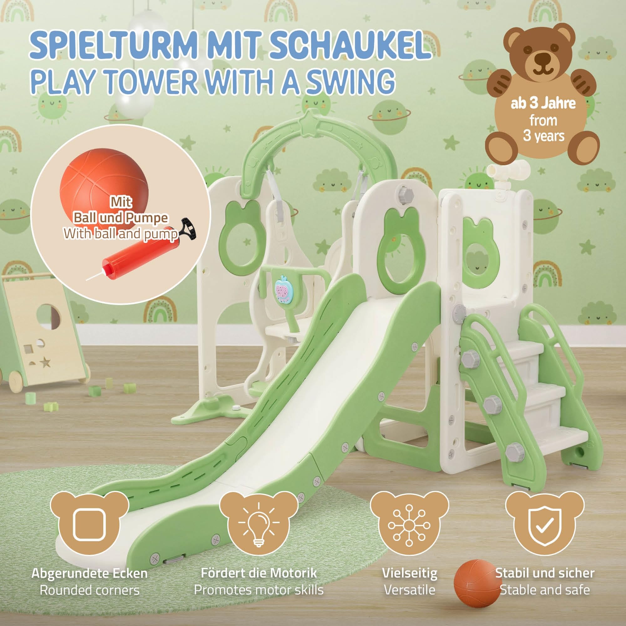 Joyz Toboggan et Balançoire Enfant 5 en 1 avec Escaliers, Télescope, Panier de Basket, Aire de Jeux Intérieure et Extérieure, Jouets Structure pour Tout-Petits, Dès 3 Ans, Plastique HDPE Vert Clair