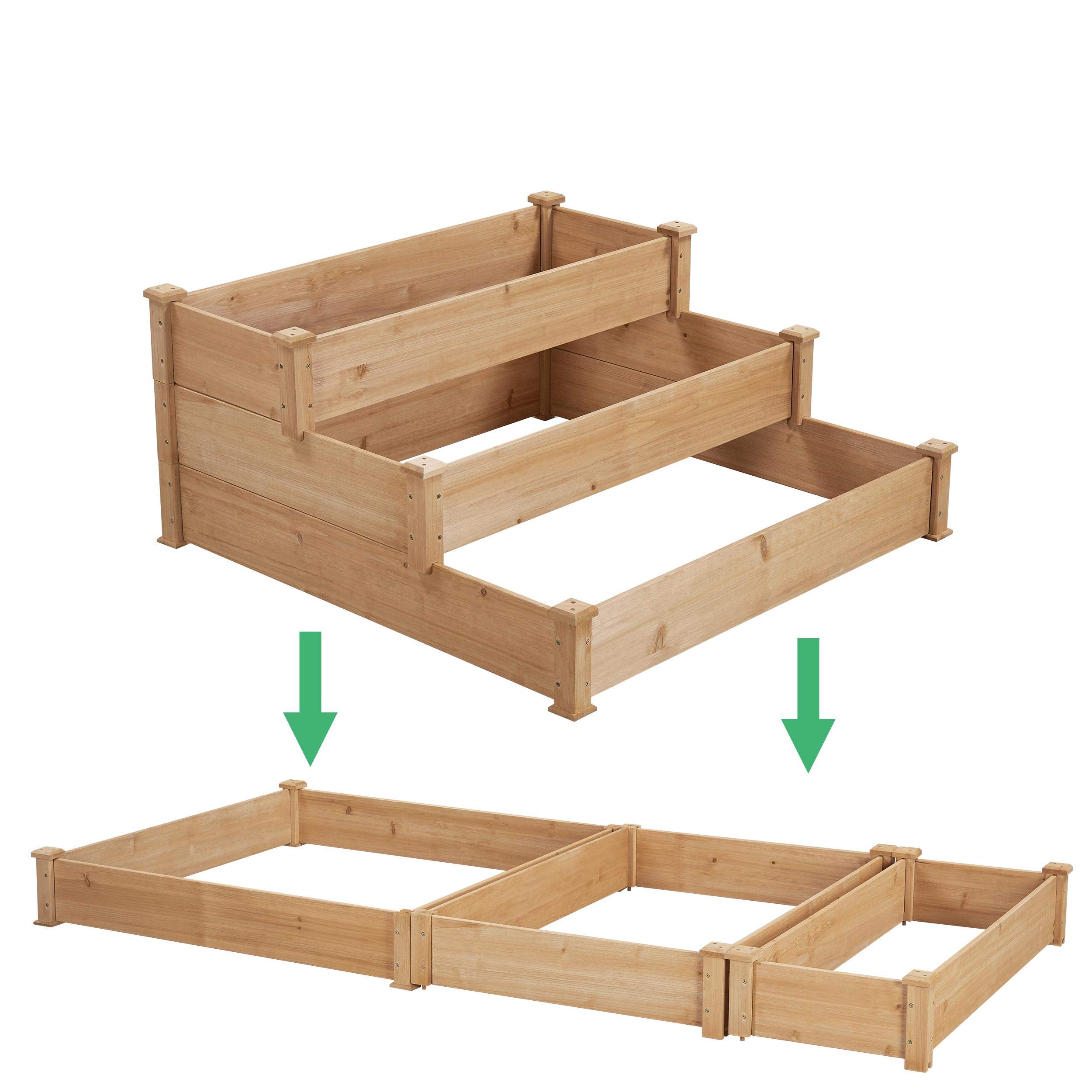 Yaheetech stapelbares Hochbeet 3 Etagen Blumentreppe Stufenbeet Garten Beete Pflanzenbeet Holz Frühbeet für Gemüse, Kräuter, Blumen, 3-stufig, Hellbraun
