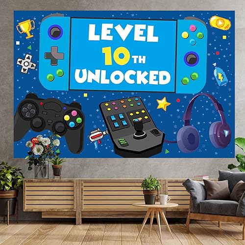 Miniatura 6 de Cartel de nivel 10 desbloqueado para cumpleaños número 10, telón de fondo, decoración temática de videojuegos, decoración para niños y niñas,