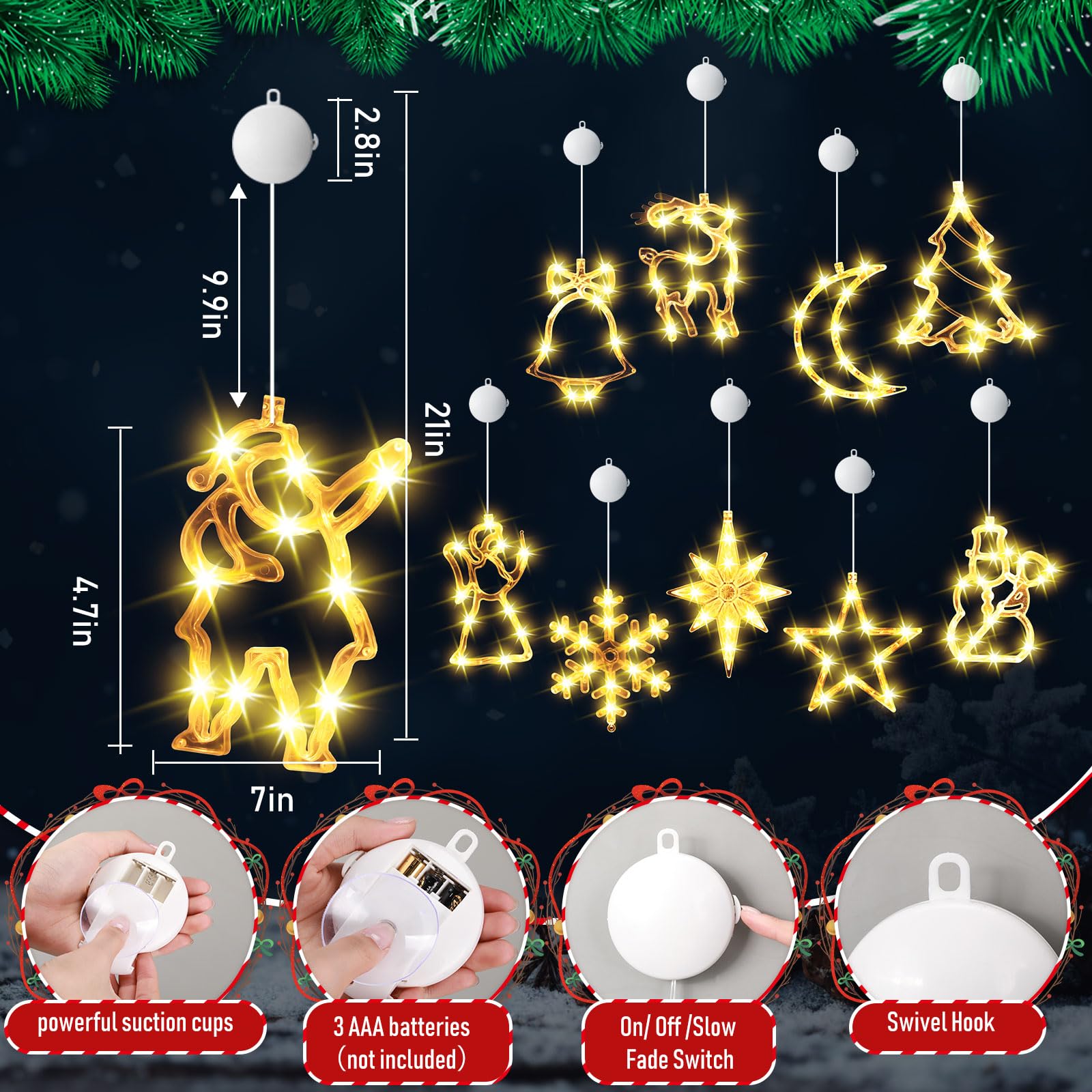 Tujoe 10 Stück Weihnachts-Fensterlichter, Dekorationen, beleuchtete Fenster-Silhouetten-Lichter mit Timer, Saugnapf, batteriebetrieben für Weihnachten, Urlaub, Neujahr, Innen- und Außendekoration
