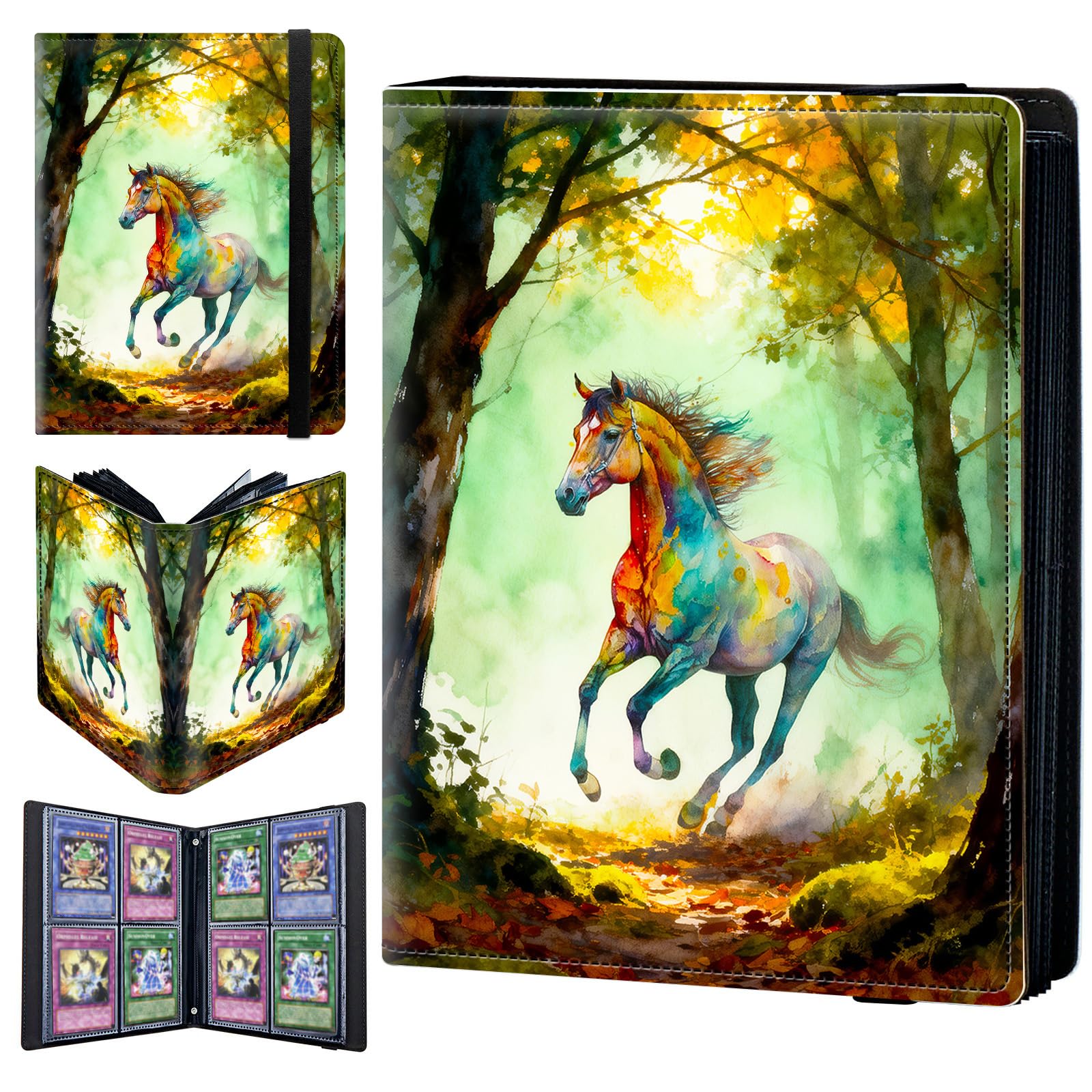 4 Pocket Trading Card Binder 320 Side Loading Pocket Album with Watercolor Forest Horse Pattern Design Card Binder for Sports Cards & Game Cards