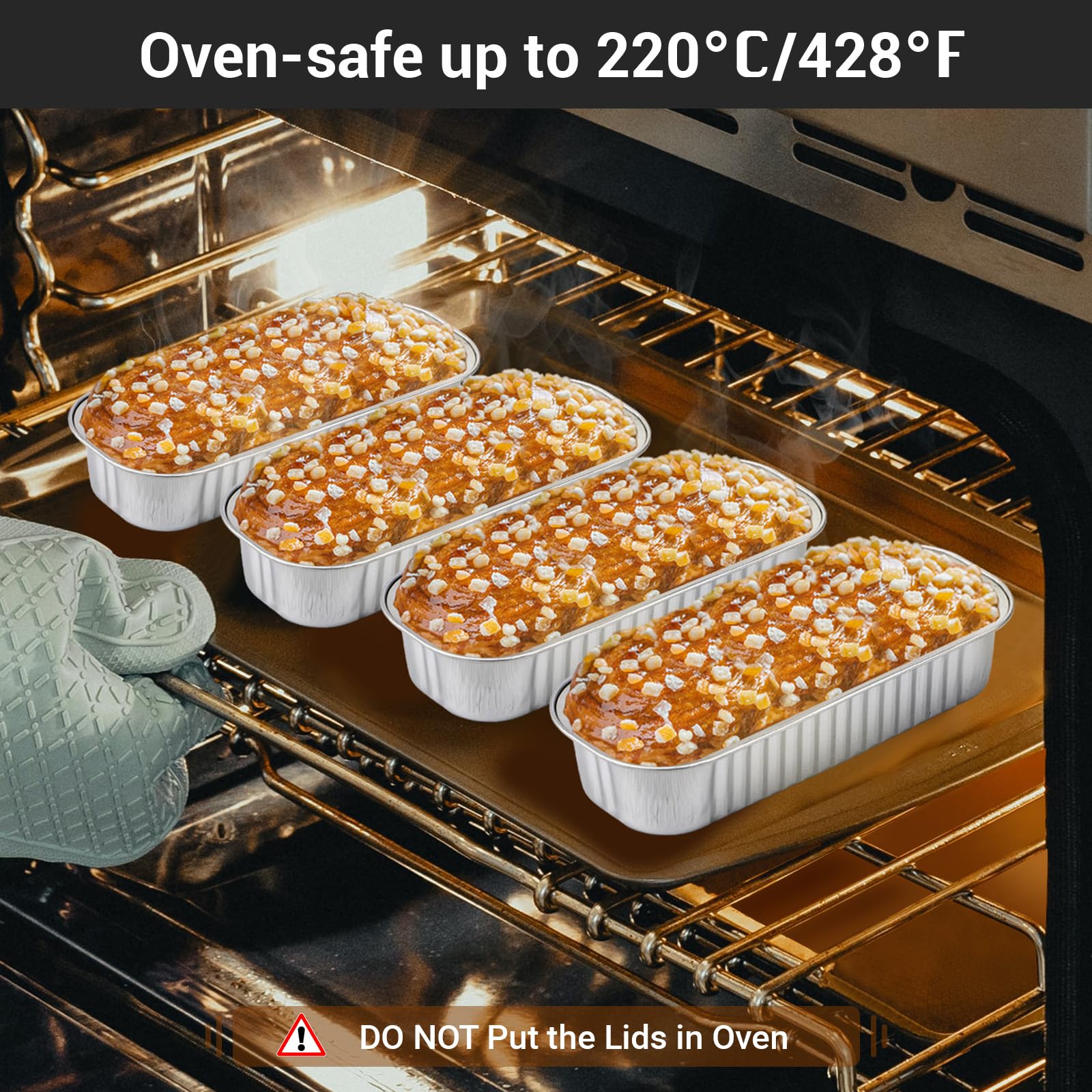 EUSOAR Pirottini da forno con coperchi, 50 pezzi, 192,8 g, 16,5 x 6,3 x 3 cm, in alluminio, usa e getta, mini teglie da forno con coperchio, contenitori per cupcake, cheesecake, creme, brûlée