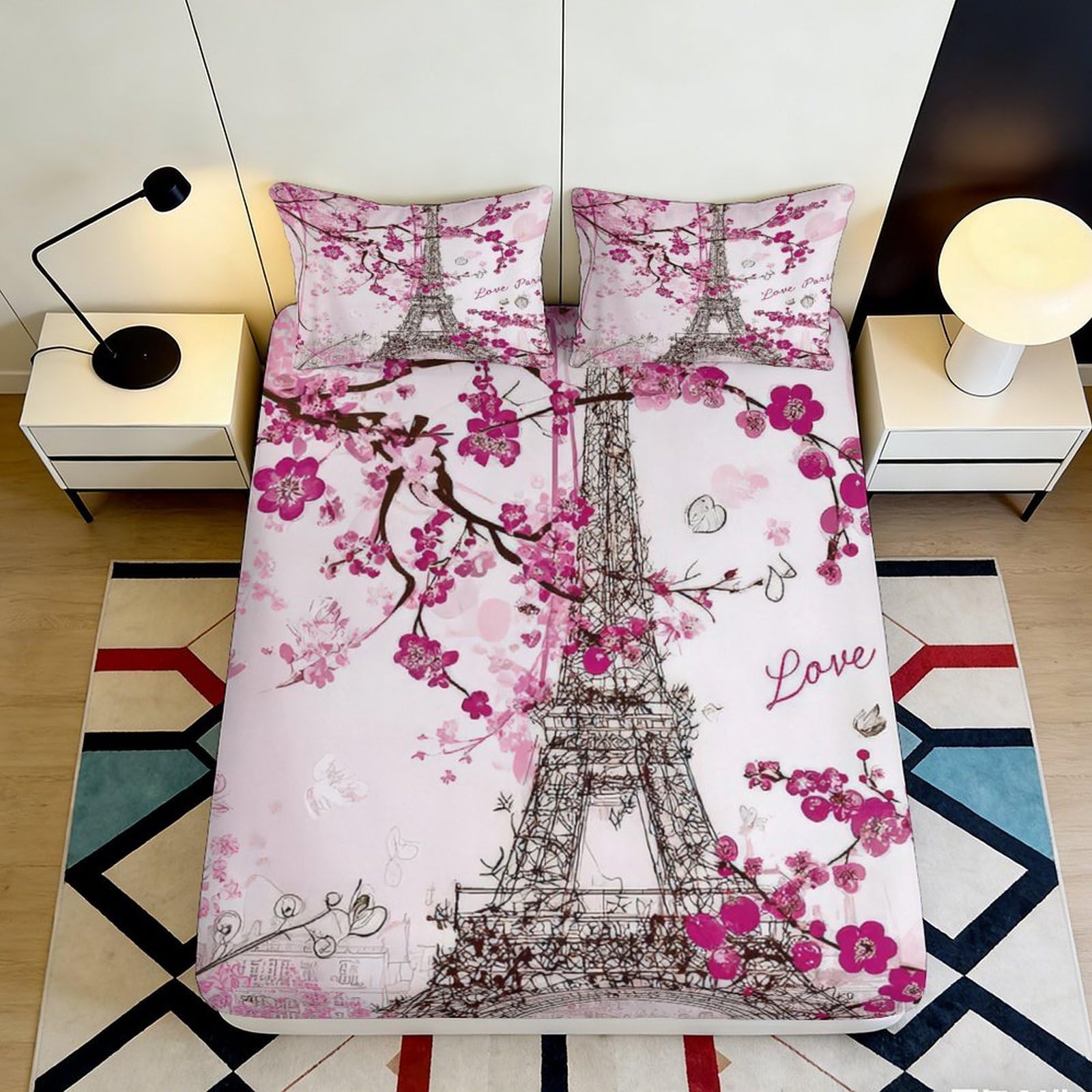 3D Printed Eiffel Tower Cherry Blossom Fitted Sheet Microfiber Soft Breathable Paris Romance Bed Cover for Bedroom Dormitory Guest Room Mattress Protection 120x200x25cm