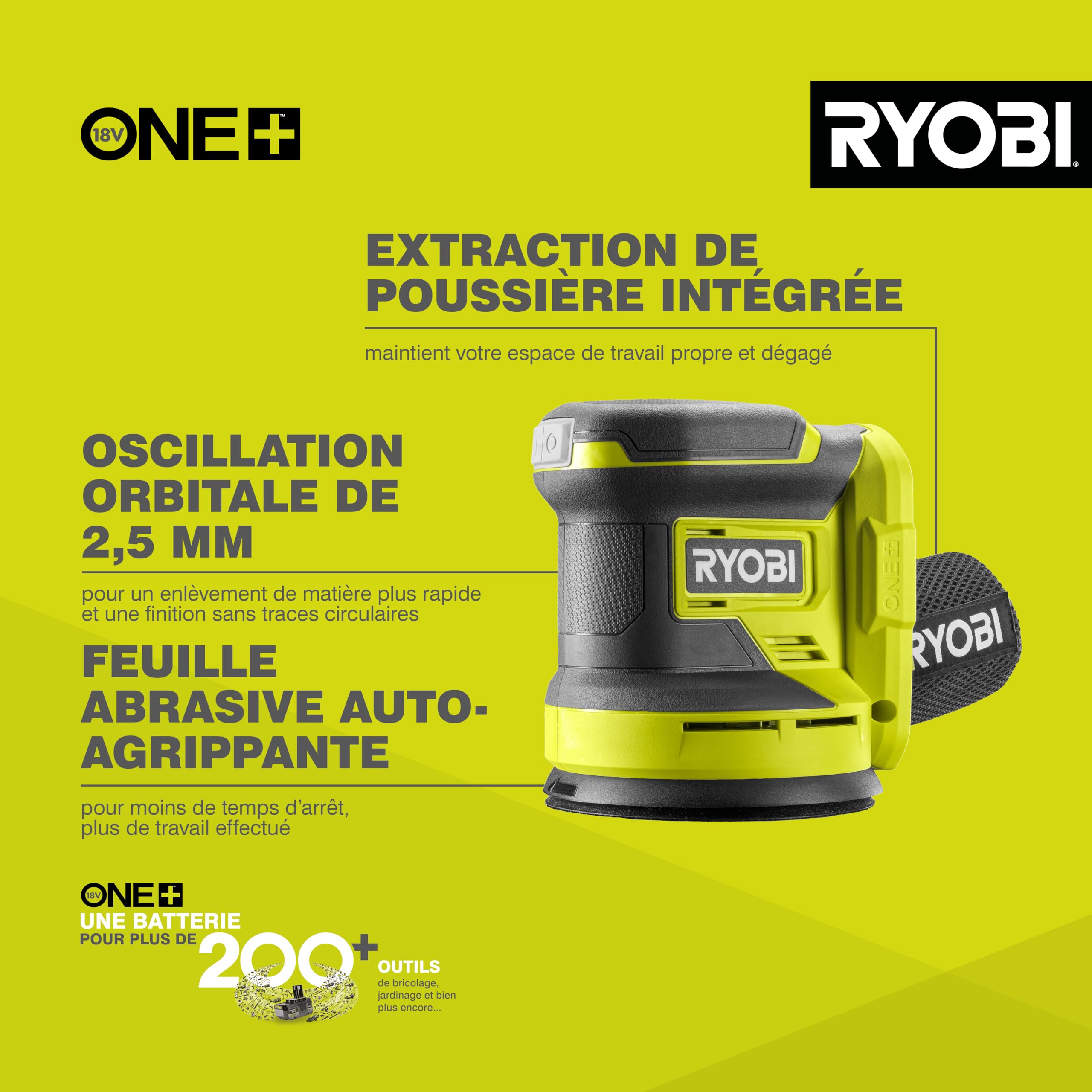 RYOBI - Ponceuse Excentrique Sans Fil 18V ONE+ RROS18-0 – Plateau Ø125 mm, Collecteur de Poussière, Mouvements Orbitaux Puissants – Finition Bois, Peinture, Métal – Batterie Non Incluse