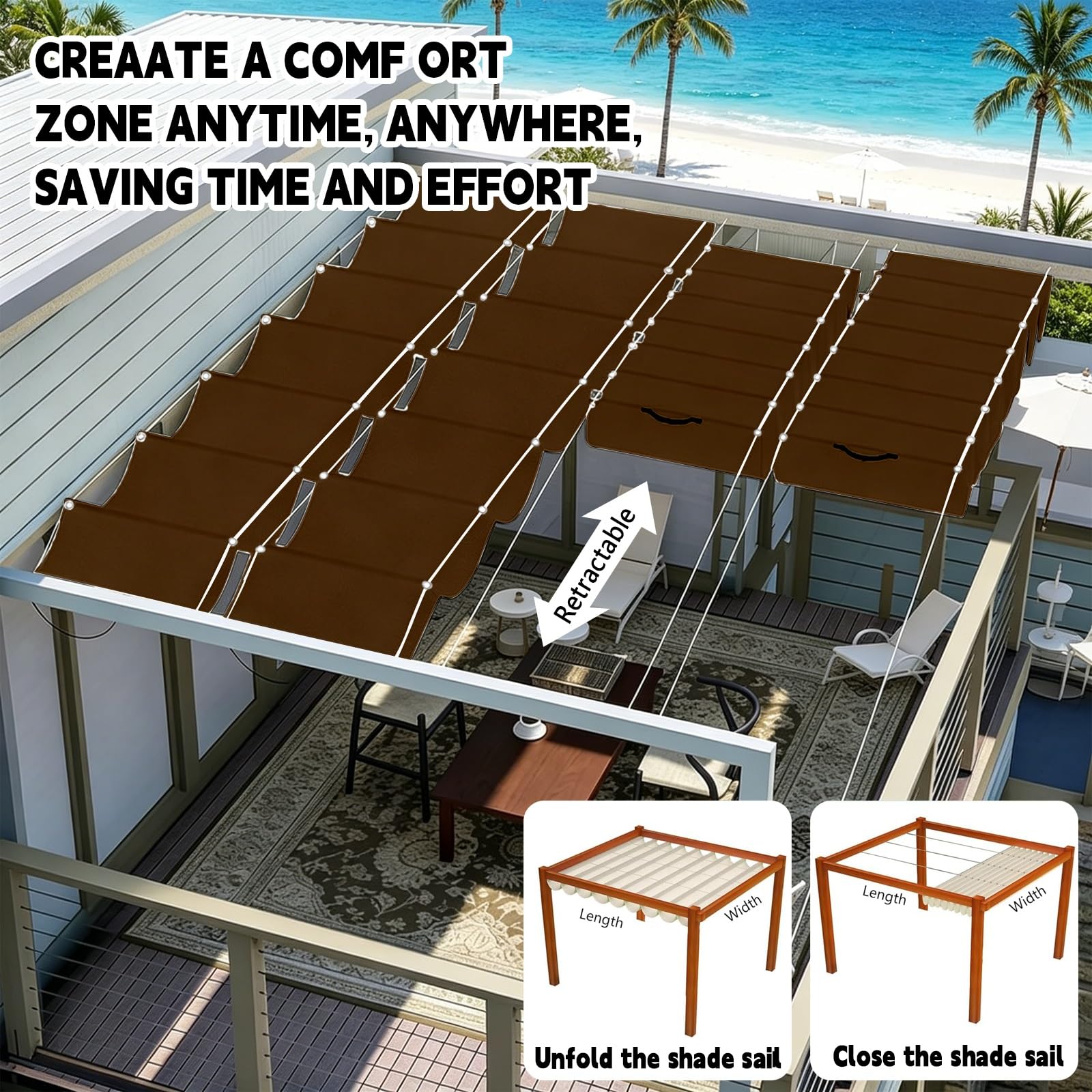 Toldo Retráctil de Onda 100 x 1250 cm con Ojales y Cuerda, Vela Sombra Impermeable y Rectangular con Bloqueo UV y Resistencia a Desgarros para Jardín Porche Patio Barbacoa, Marrón