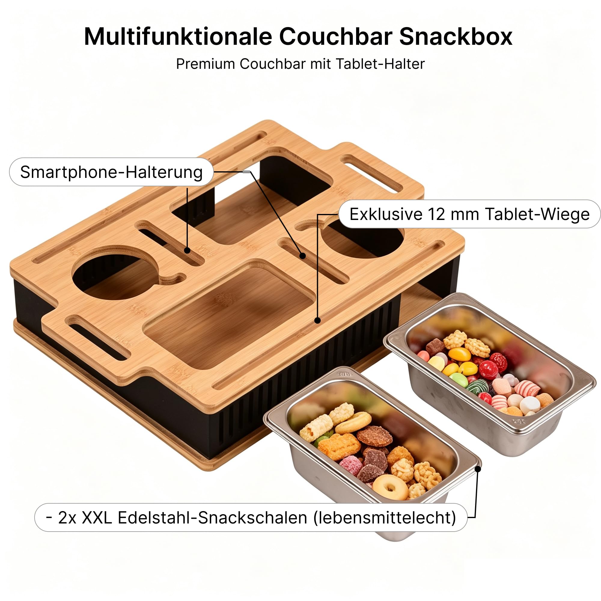 Bambus-Schneidebrett mit Edelstahl-Auffangschale & Couchbar Snackbox mit 2 Edelstahl Snackschalen im Bundle
