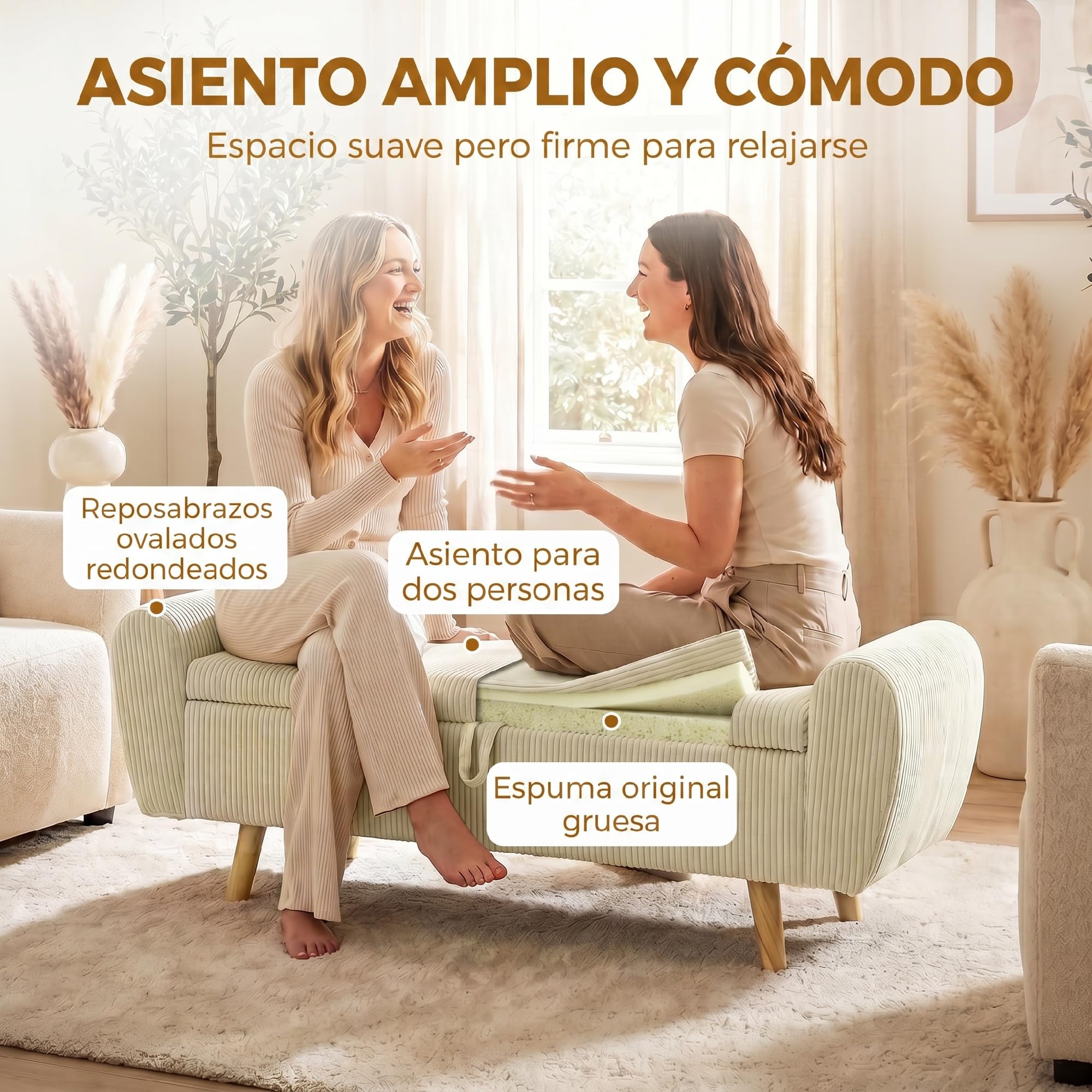 HOMCOM Banco Almacenaje 150 cm Puff Almacenaje Tapizado en Pana Beige | Banco Pie de Cama, Brazos Redondeados, Patas de Madera, Otomana para Dormitorio, Salón, Recibidor