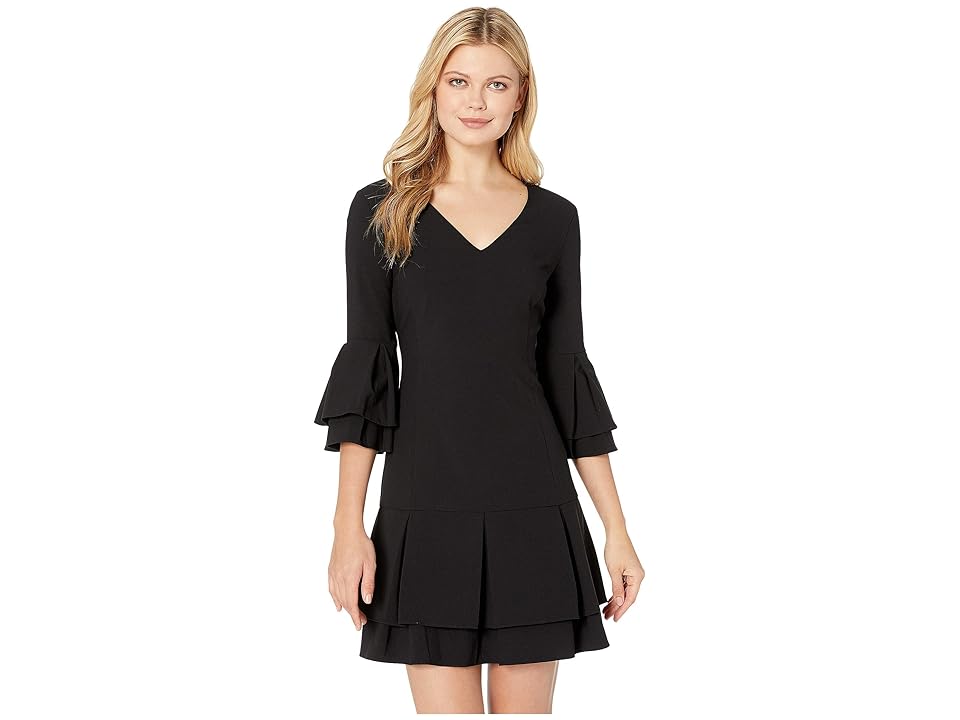

Laundry by Shelli Segal V-Neck Tiered Pleated Dress (Black) Women's Dress
