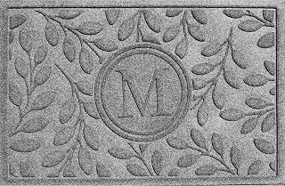 Bungalow Flooring Monogrammed Waterhog Door Mat, 2' x 3', Made in USA, Customizable, Skid Resistant, Indoor/Outdoor, Water-Trapping, Brittney Leaf Collection, Medium Grey