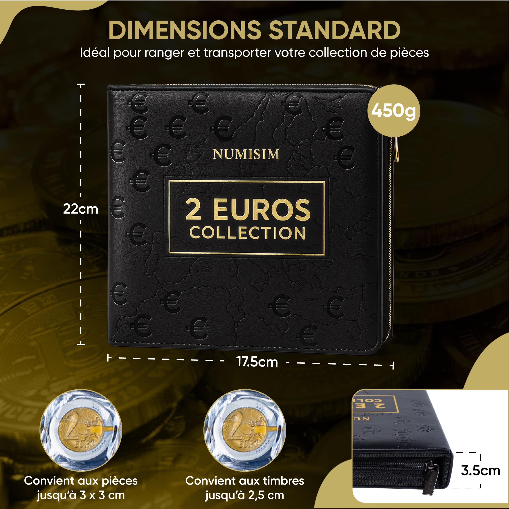 Classeur pièce 2 euros – classeur numismatique 480 pochettes en cuir résistant – album collection pièces de monnaie, rangement et protection pour collectionneurs
