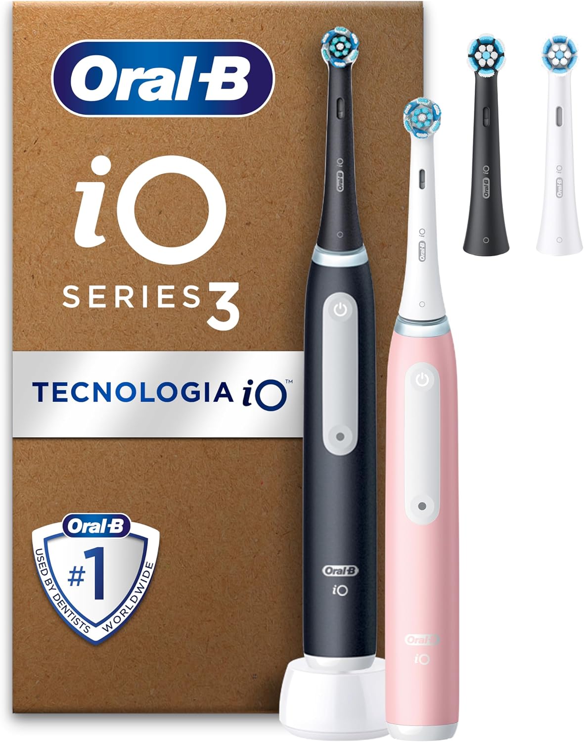 Oral-B Spazzolino Elettrico Ricaricabile iO 3 Rosa e Nero, 2 Testine di Ricambio, 1 Custodia da Viaggio, Confezione Doppia, 2 Spazzolini
