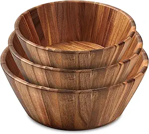 Wooden Bowls, Wooden Salad Bowl Set of 3 - Round Design Large Salad Bowl Set for Serving, Handmade, Durable and Stylish Natural Wood Dining Accessory by Woodenhouse