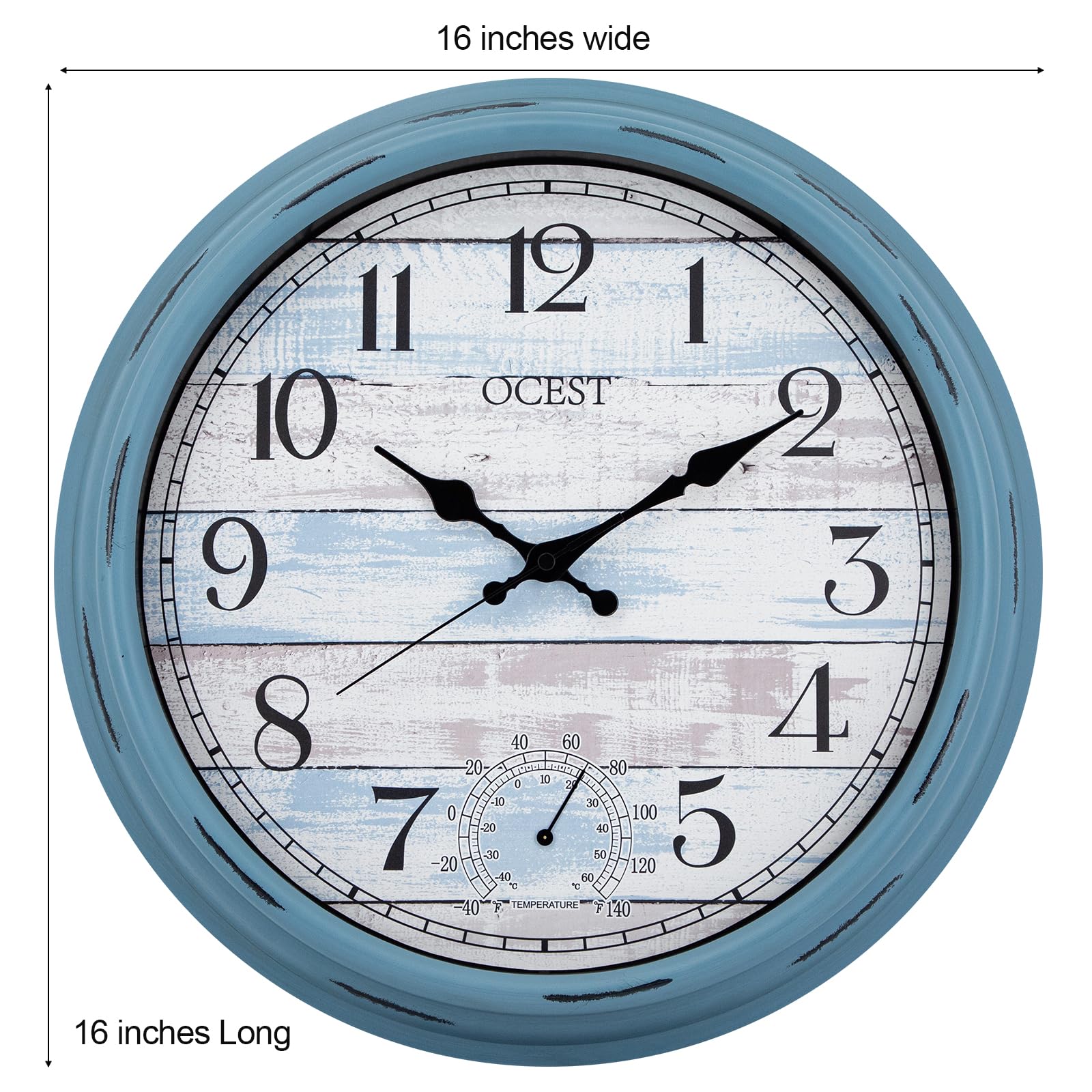 OCEST Reloj grande de 40,6 cm para interiores y exteriores, reloj de pared impermeable con termómetro, resistente a la intemperie, sin tictac, funciona con pilas, reloj decorativo para patio, piscina,