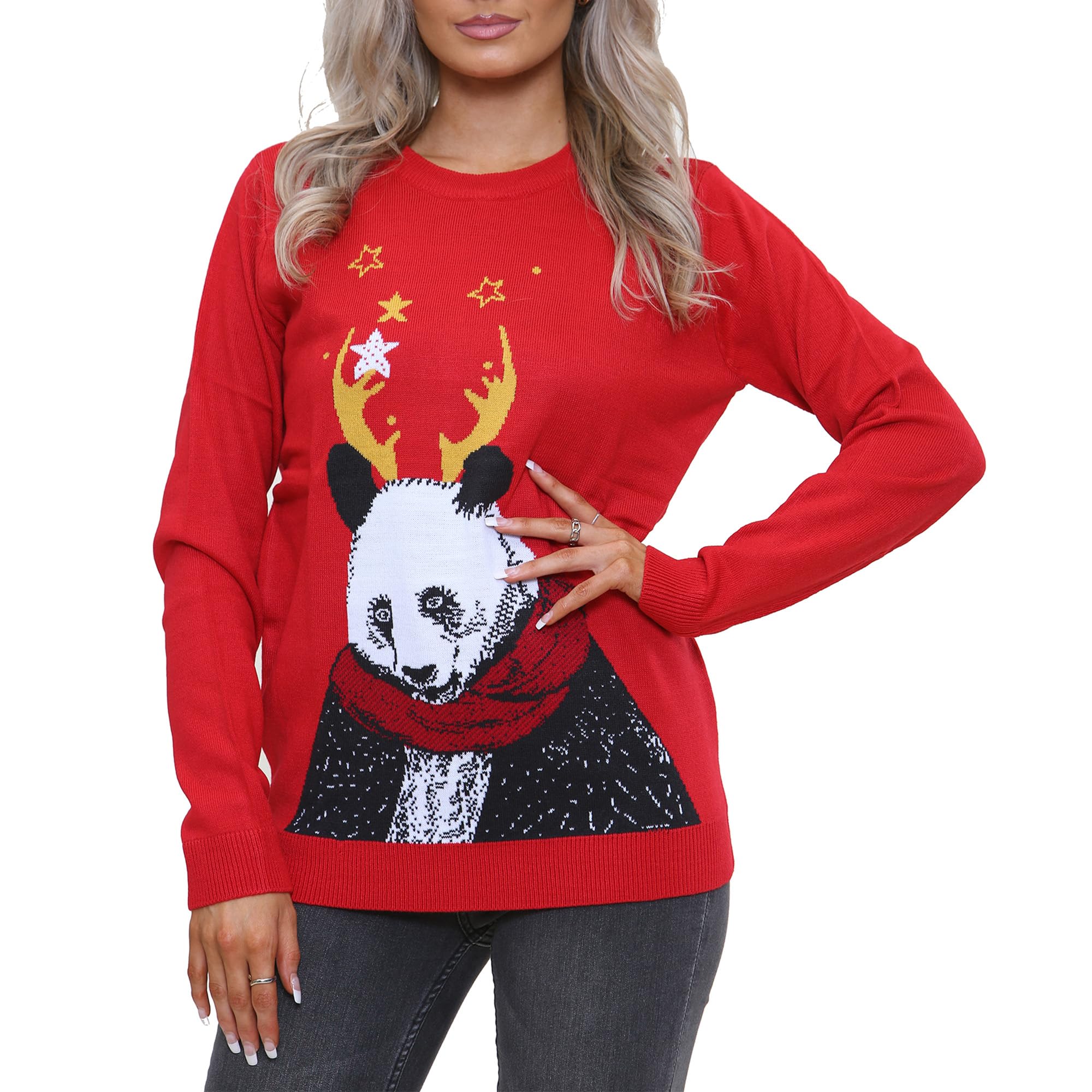 Noroze Women's Panda Red Xmas Jumper Merry Elf Pullover Knitted Sweater (8, )