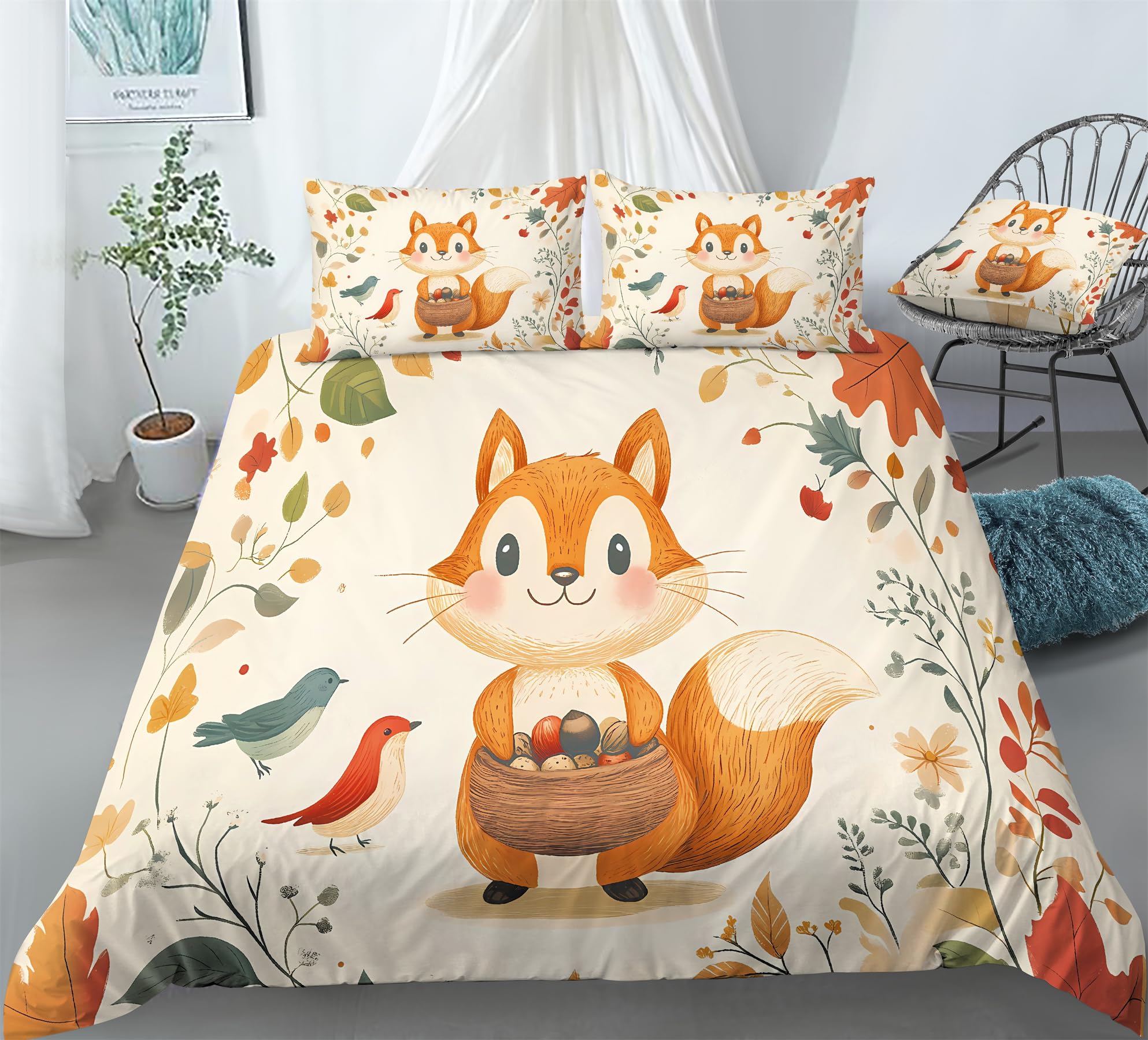 REALIN Cute Chipmunks Animal Prints Duvet Cover Set Cartoon Chipmunks Bedding Girl Boy Kids Bed Sets 3/4PCS Quilt Covers/Sheets/Pillow Shams,Twin/Full/Queen/King (B,Full-200x229cm-3PCS)