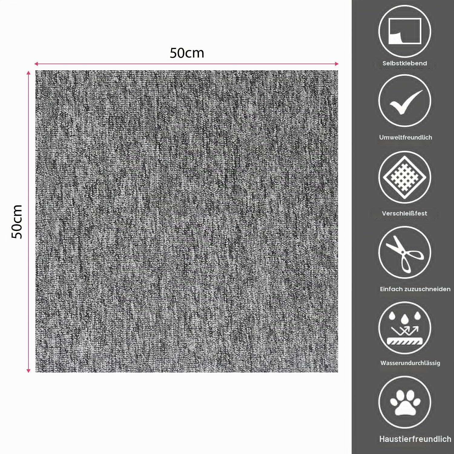 Teppichfliesen 20 Stück - 5m², 50x50cm Selbstliegend Teppichboden, Rutschfest Strapazierfähiger Kurzflor Teppich für Büro Wohnzimmer Balkon Auto(Grau)