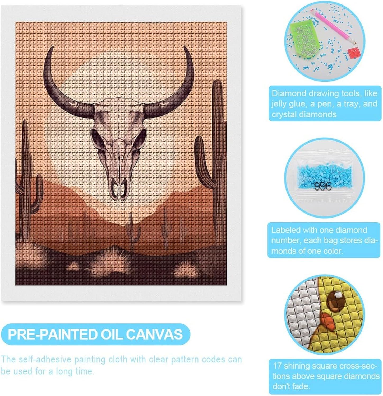 Boho Bull Longhorn Skull Head Mid Century Modern Custom Diamond Art Kits for Adults Beginners Full Drill Picture for Home Wall Decoration