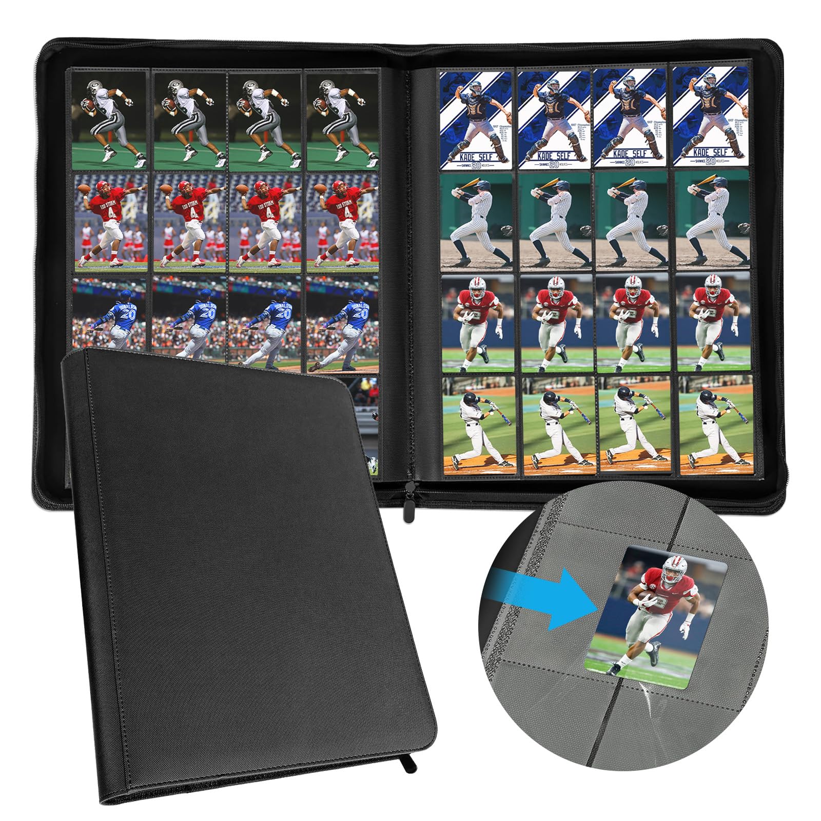 16 Pocket Trading Card Binder for TCG MTG Sports Football 1000+ Premium Zip Cards Binder Double Sided PU Collection Binder Card Book Collector Album Folder for Yugioh Mtg Game Cards (Black)