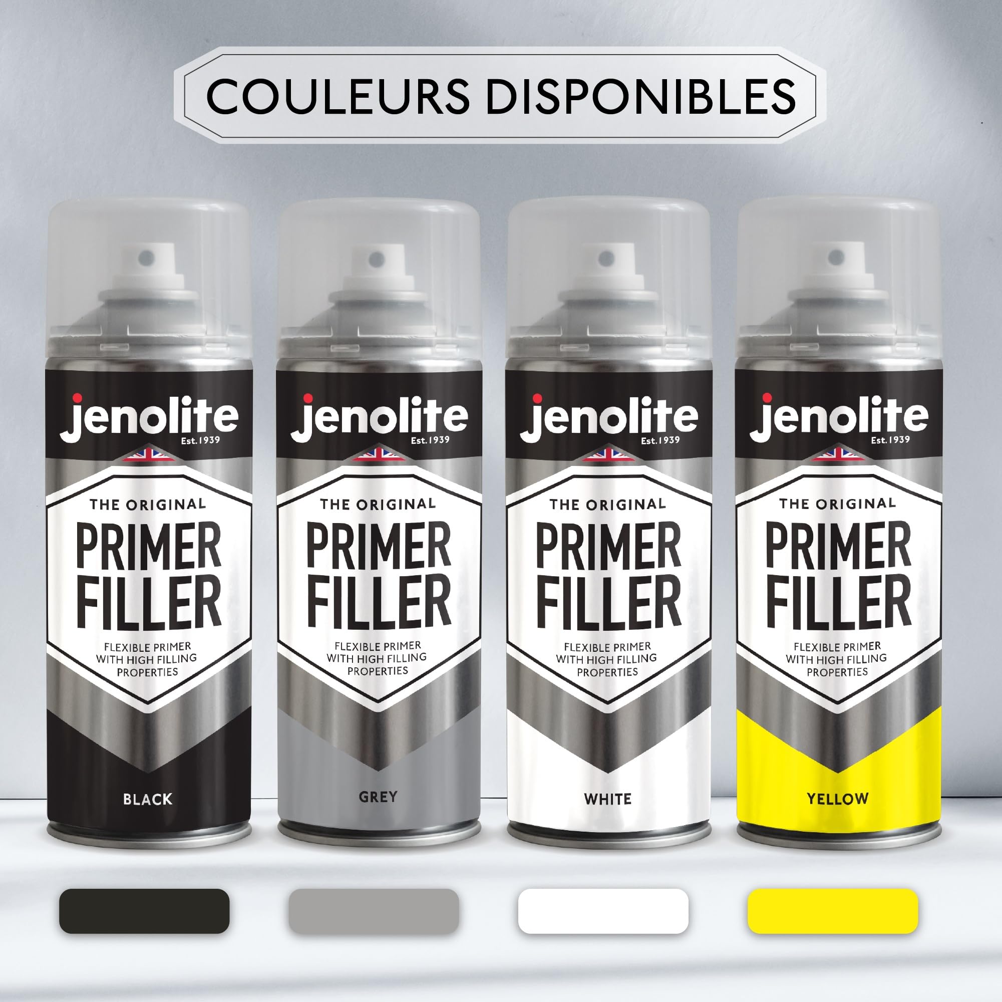 JENOLITE Peinture d'apprêt de remplissage en aérosol | JAUNE | Apprêt flexible avec des propriétés de remplissage élevées | Remplit les petites bosses et rayures pour une finition lisse | 400ml