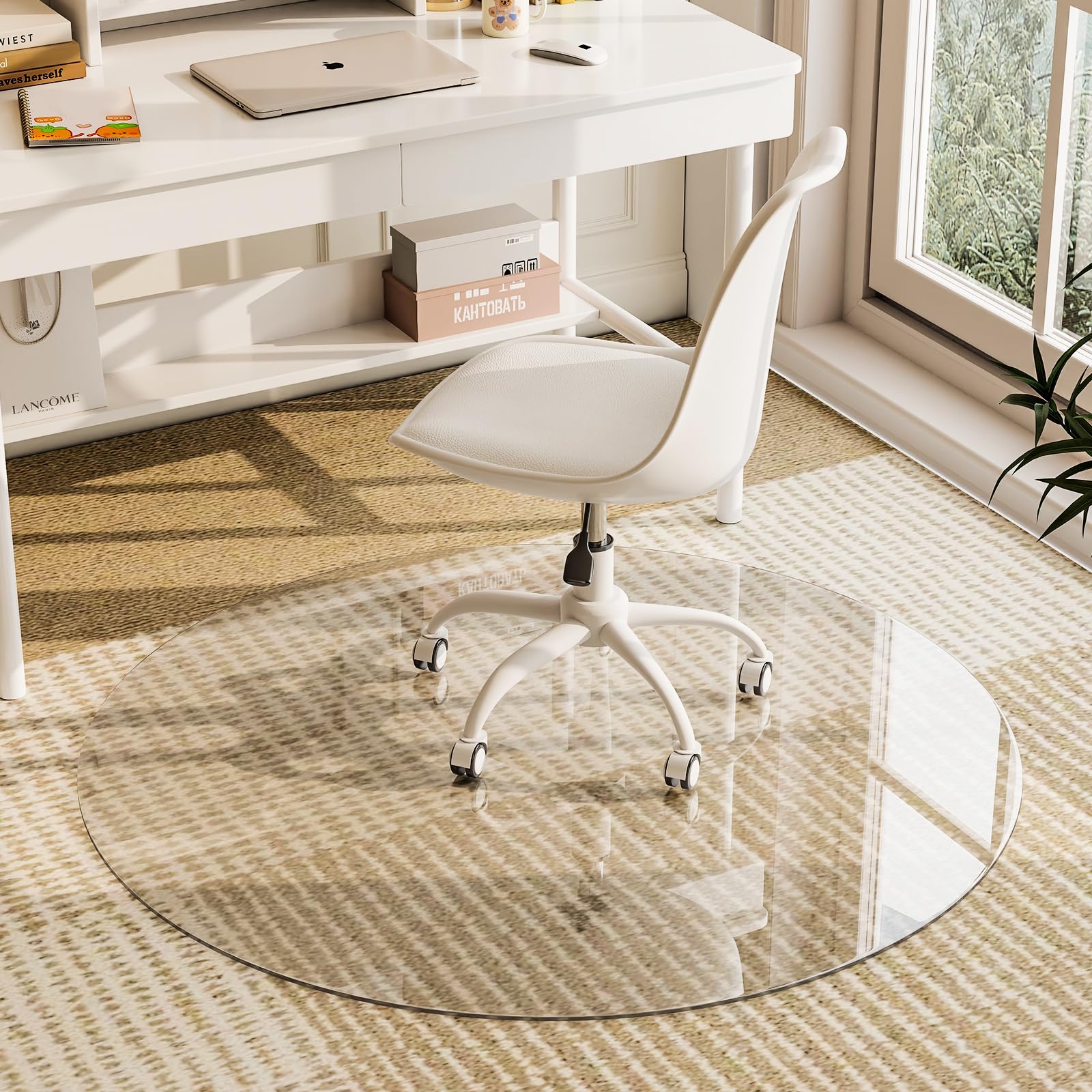 GLSLAND Round Tempered Glass Floor Mat - 46" Office Chair Mat for Carpet Clear Glass Mat 1/5" Thick for Hardwood Floor/Carpeted Floors